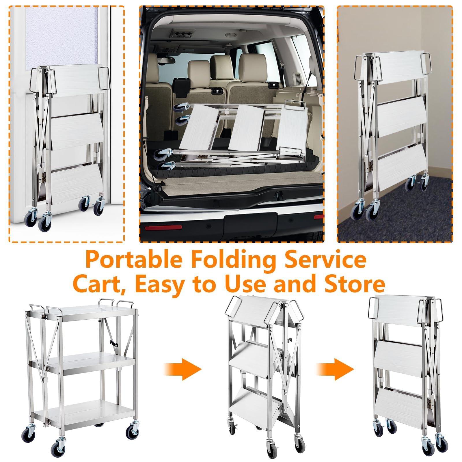 Garvee Carro Plegable de Acero Inoxidable 3 Niveles, Carrito Multiusos con Ruedas con Freno, Carro de Servicio Compacto para Cocina, Almacén, Oficina y Restaurante