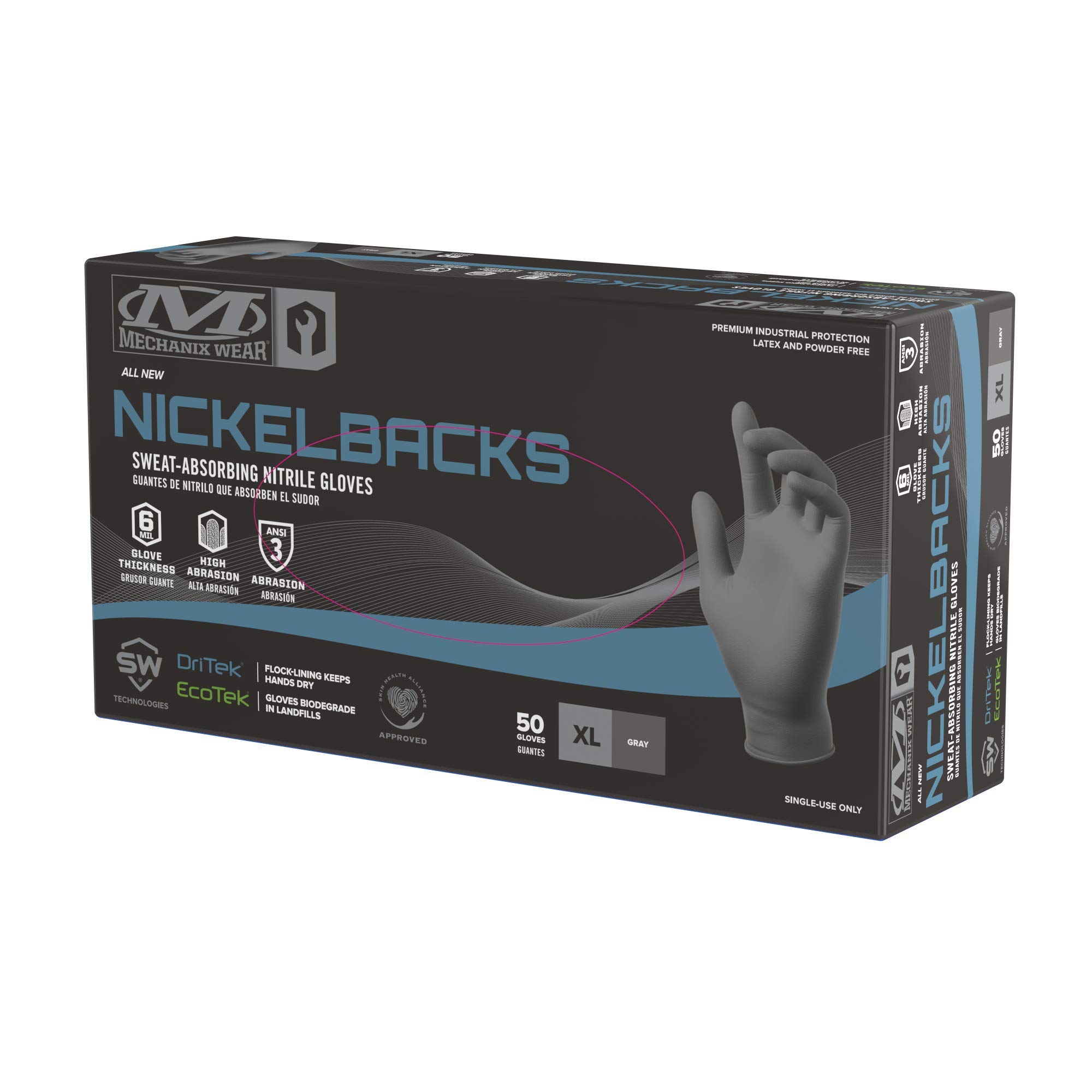 Mechanix Wear: 6 Mil Nickelback Nitrile Gloves with Sweat Absorbing Liner, Latex and Powder Free, Disposable Gloves, Textured Grip, 50 pack, Cleaning and Mechanic Work Gloves (Gray 6 mil, X-Large)