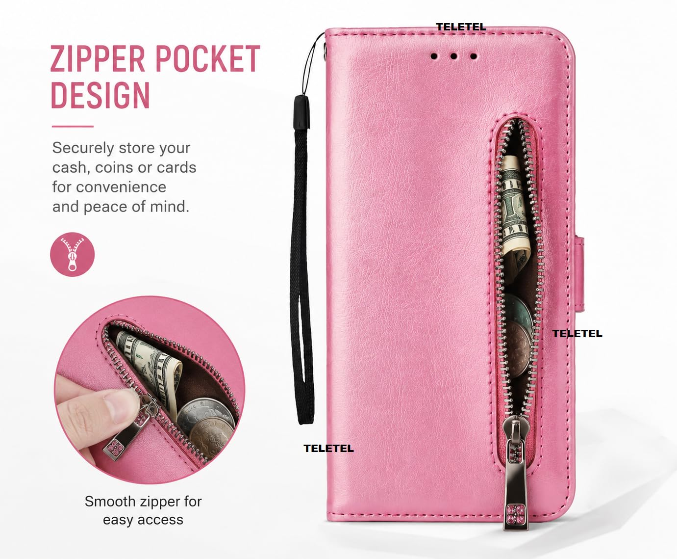 TELETEL for Redmi Note 13 Mobile Zipper Flip Cover Wallet Card Holder Case | Magnetic Lock | Shockproof (Vegan Leather- Pink) 1