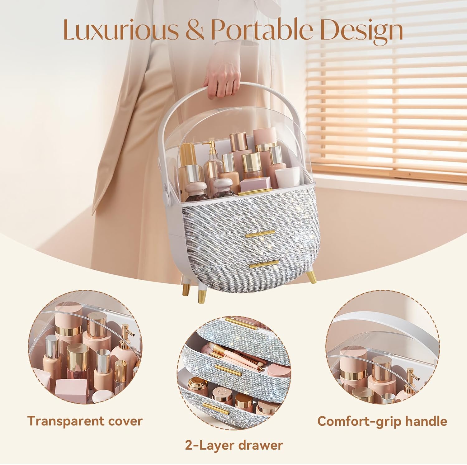 Bling Makeup Organizers, Cosmetic Display Case with Clear Cover, Vanity Makeup Organizers for Lipstick Perfume Lotion and Skincare, Silver Diamond - Image 4