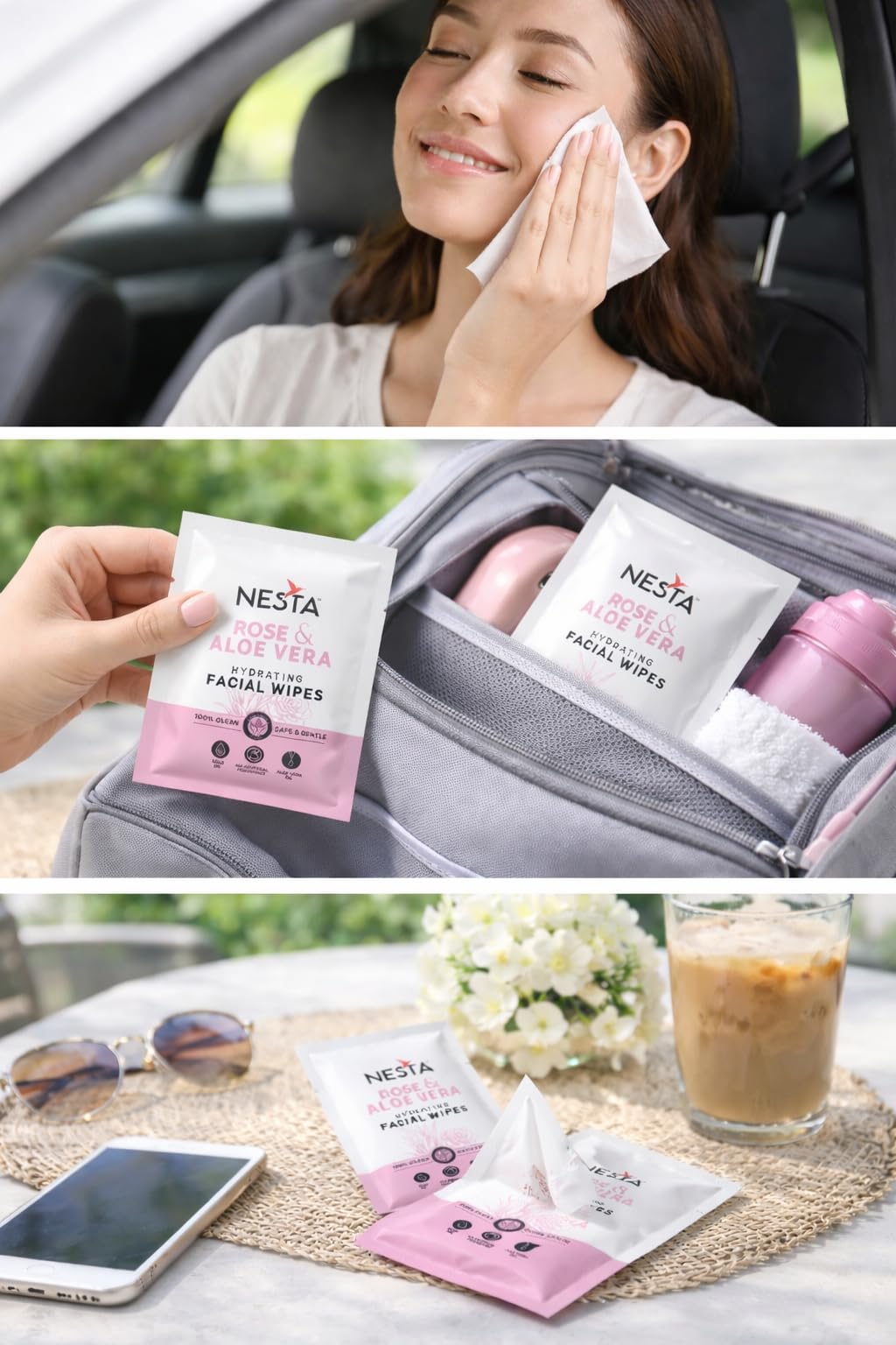 Nesta Natural Hydrating Rose & Aloe Vera Soft Face Wet Wipes | Clears Dirt, Gives Fresh & Glowing Skin | Alcohol Paraben Silicon Free, (5 Packets x 10 Wipes = 50 Wipes) 3