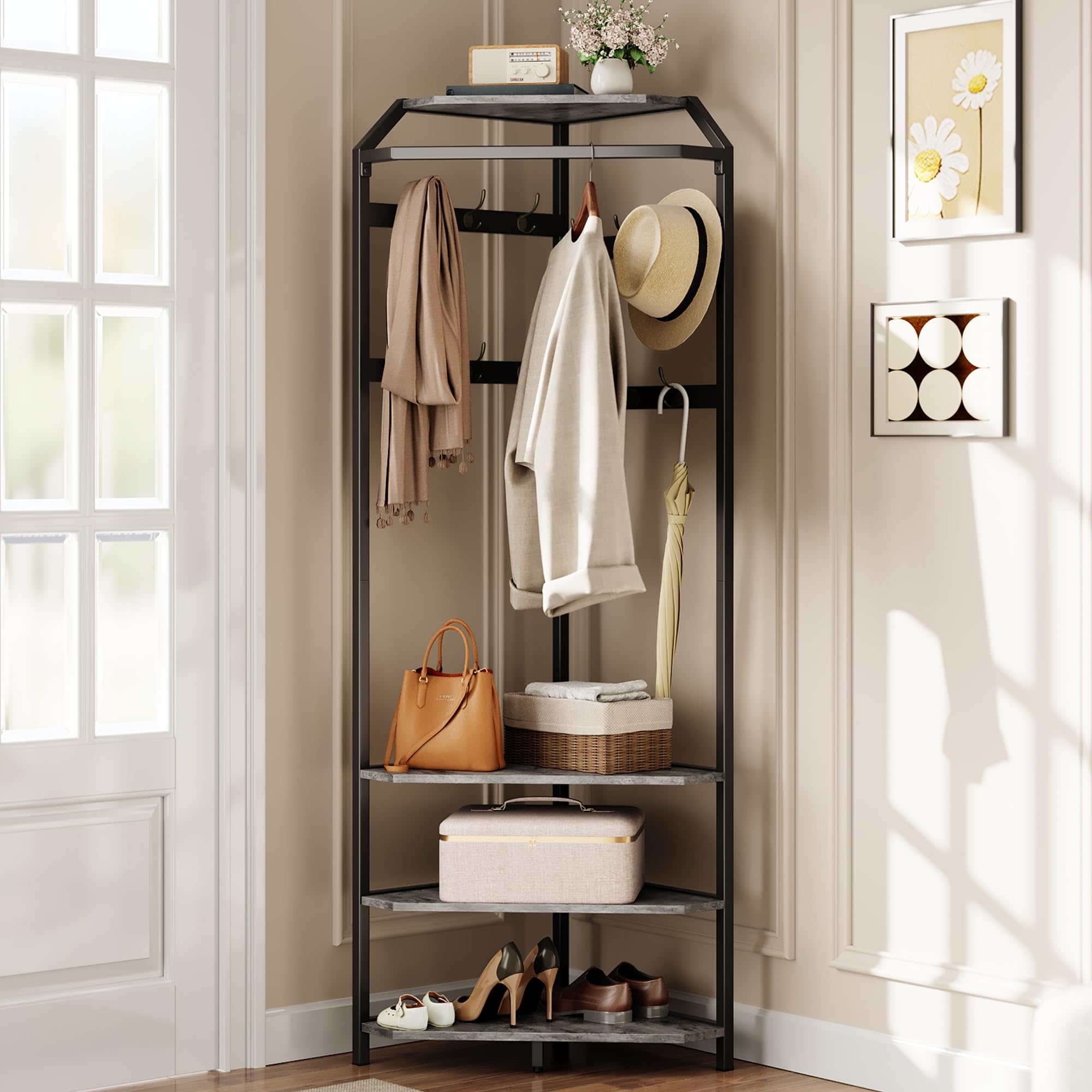 Aptliton Corner Hall Tree Coat Rack with 4-Tier Shelves & Shoe Bench, Freestanding Entryway Organiser with 12 Double Hooks, Hanging Rod and Shelf, Hallway Storage for Bedroom Closet, Grey,50x50x180cm