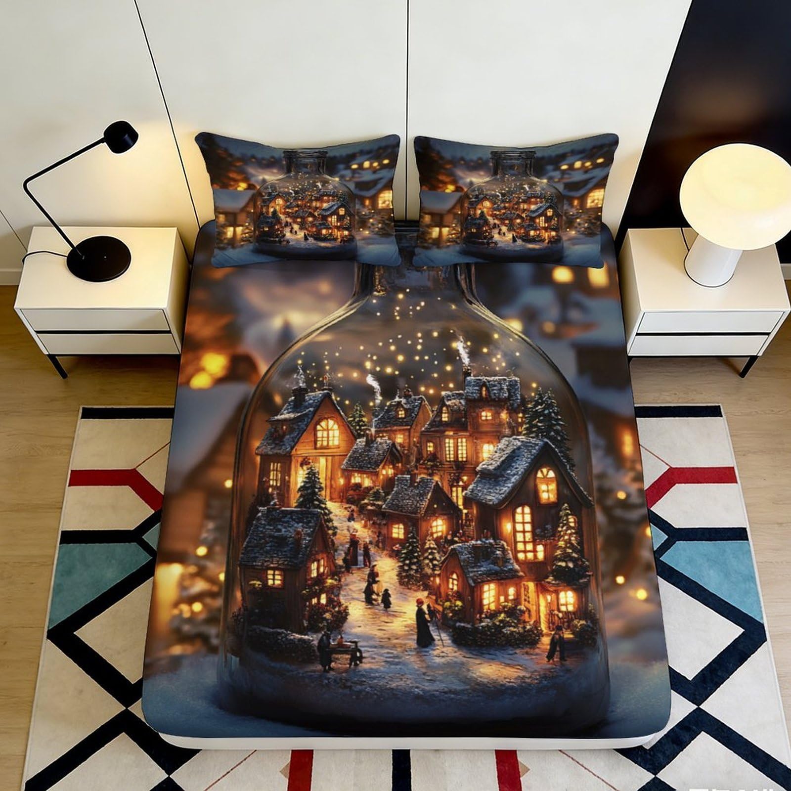 Pnayamiorkfel Style-3 3D Printed Winter Village Fitted Sheet Microfiber Cozy Night Scene Bed Cover For Bedroom Guest Room Decor 90X200x25cm