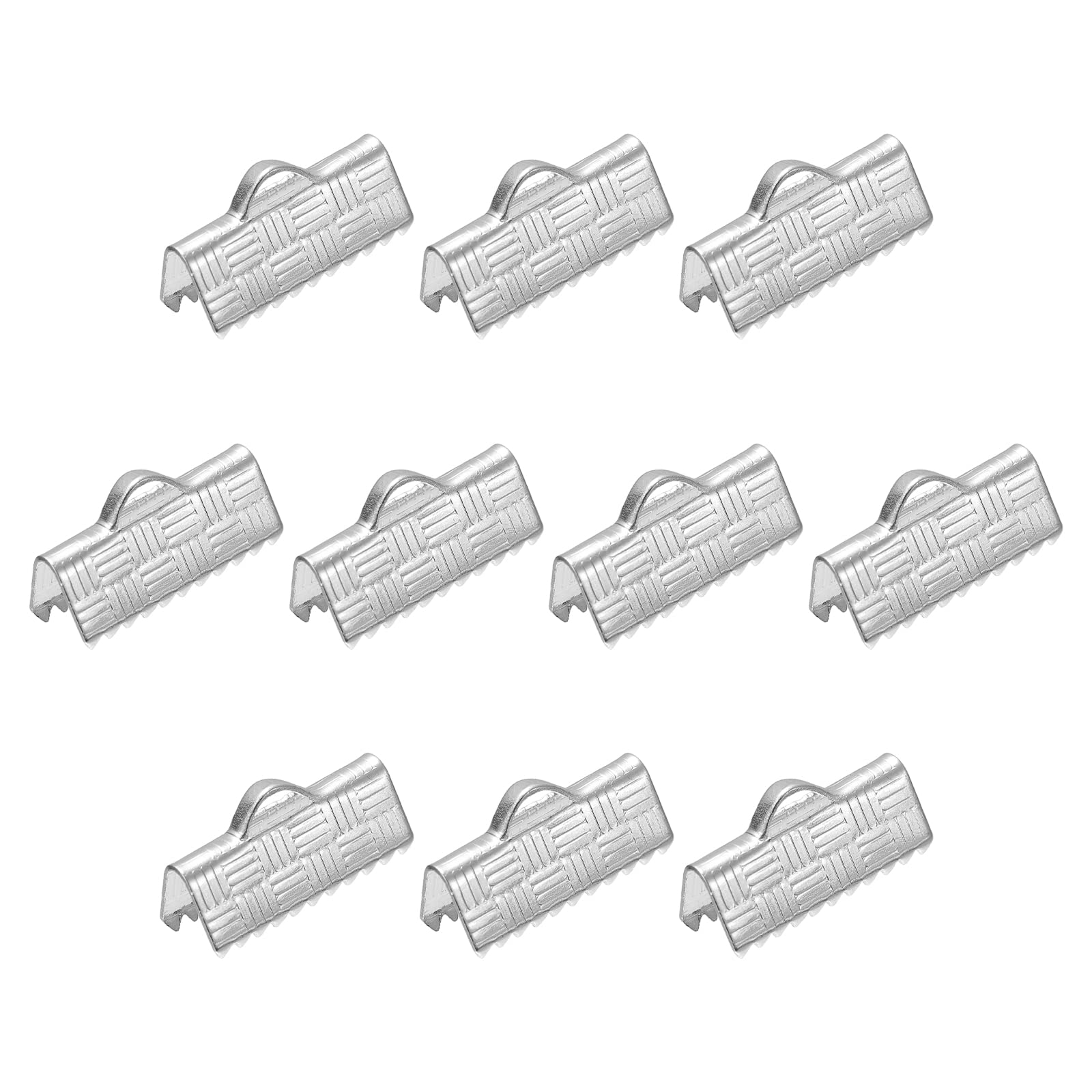 uxcell 10Pcs Ribbon End Crimp Clamps, 16mm Stripe Texture Copper Pinch Cord End Clasps for DIY Craft Making, Silver White