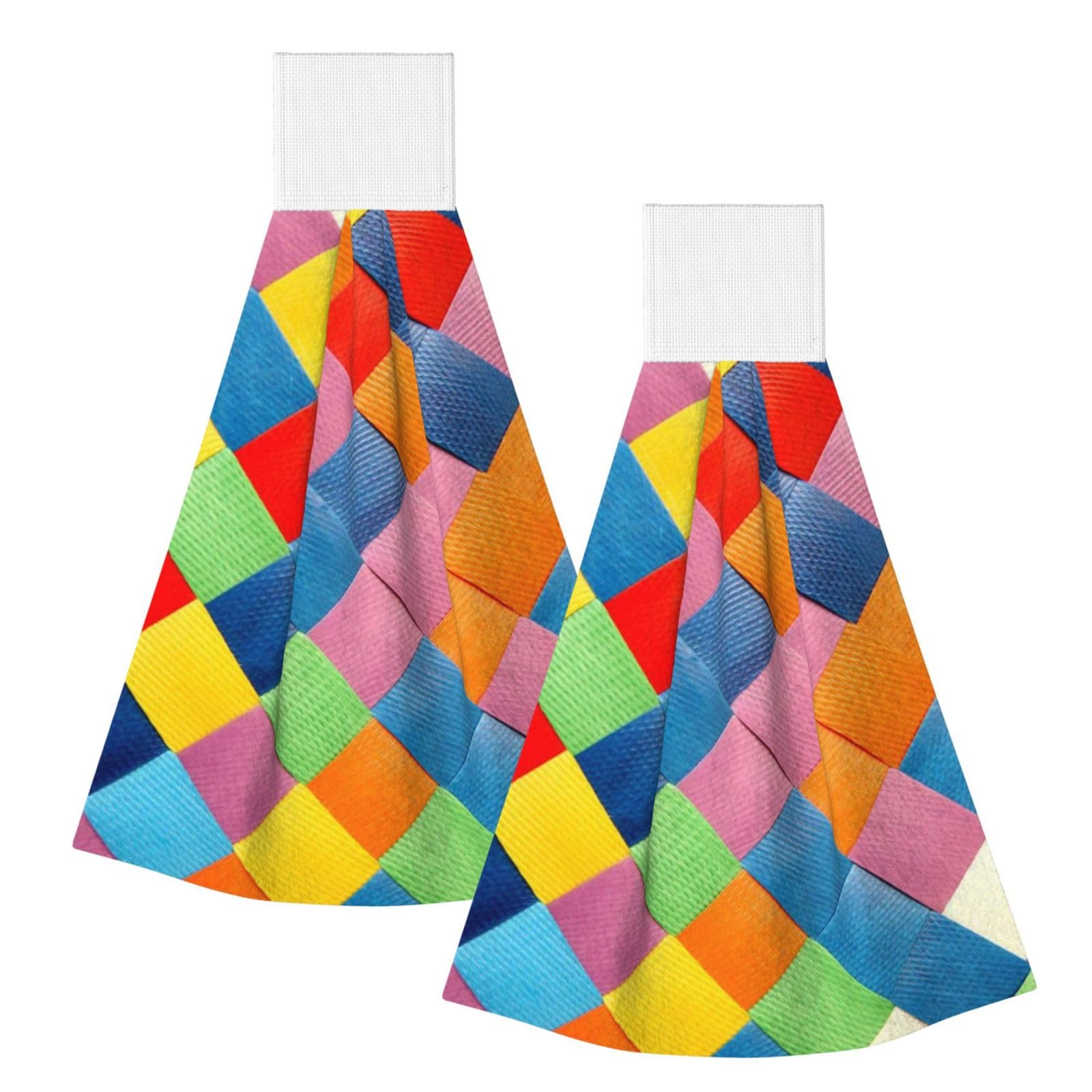 DOPKLNA Colorful Plaid Printed, 2 Pcs Hanging Coral Fiber Hand Towels for Bathroom, Absorbent Kitchen Towels