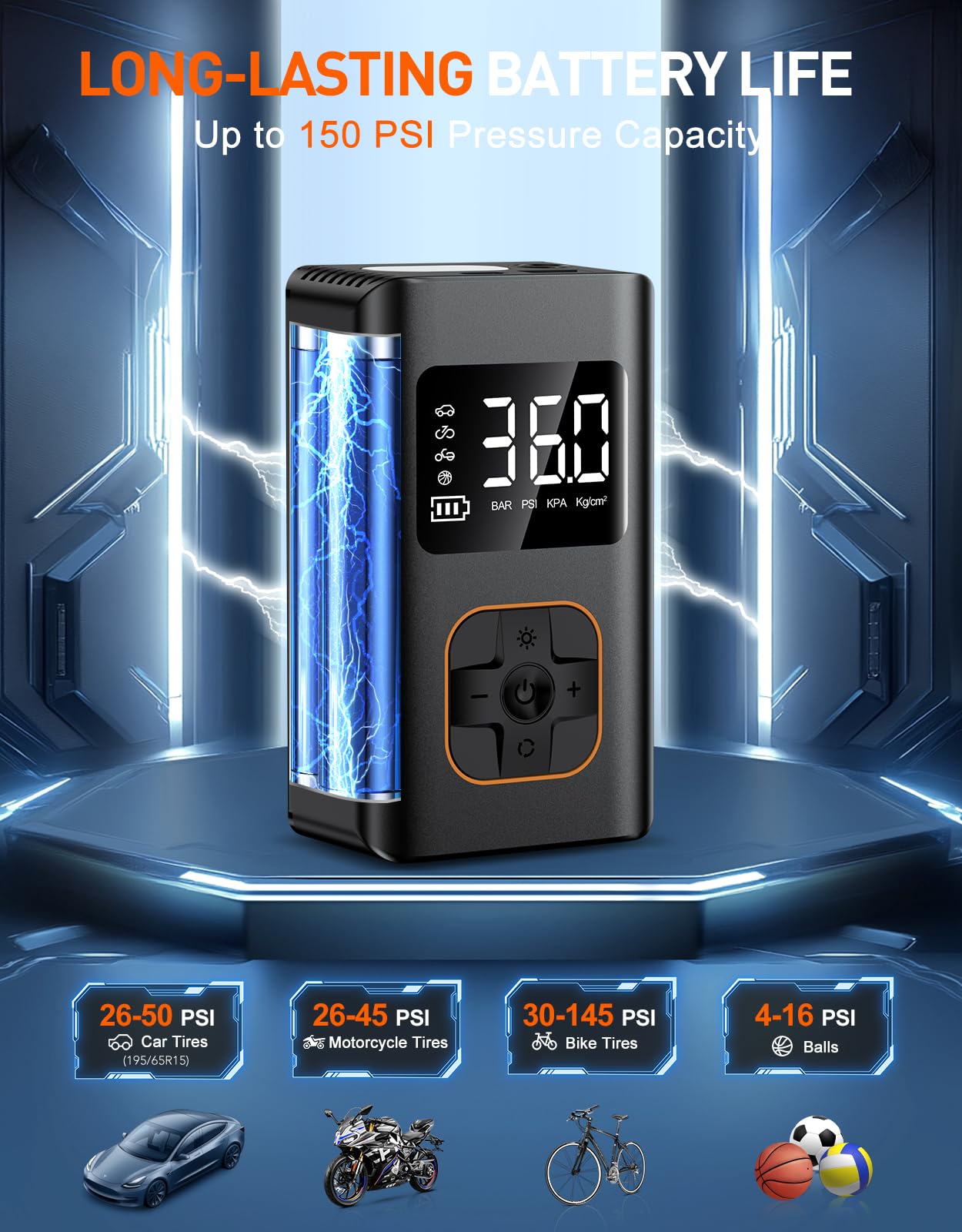 KIAIR Tire Inflator Portable Air Compressor - Fast Cordless Air Pump for Car Tires, 150 PSI Electric Bike Tire Pump with LED Light and Digital Pressure Gauge for Motorcycle, Auto, Ball, Bicycle