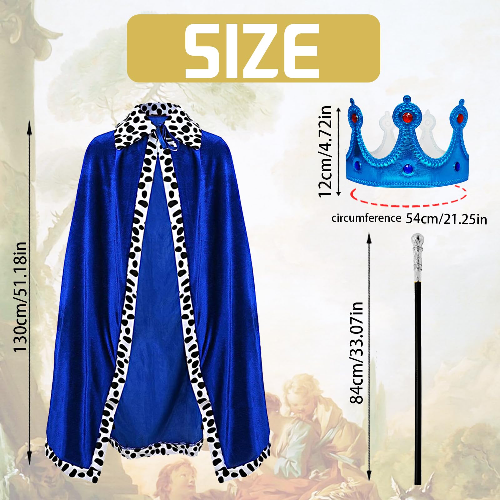 YOUYIKE 3 Pezzi Costume Da Re Per Adulti, Mantello Reale Costume, Mantello Del Re con Corona e scettro, per Carnevale Halloween Natale Festa Festa a 130cm