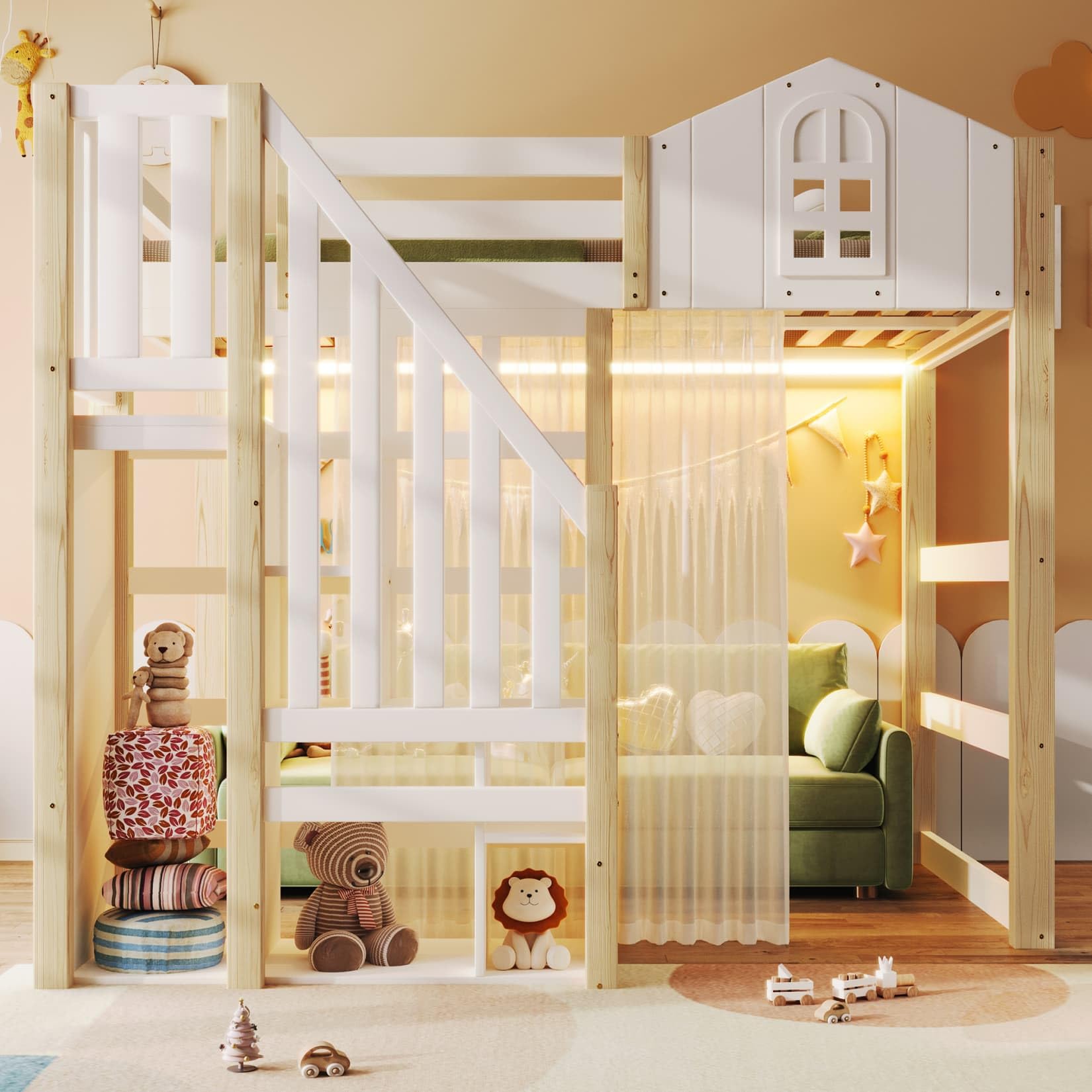 Lit Mezzanine 2 Places 140x200cm,Lit Cabane Enfant avec éclairage LED Réglable,Échelle de Rangement,Rideau en Gaze,Haute Barrière de Type Cabine,pour Enfants Adolescents (Blanc, 140x200)