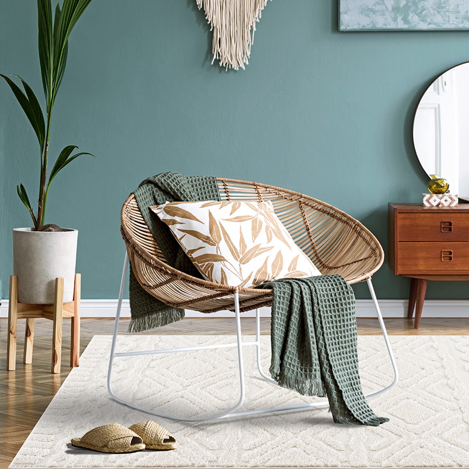 payé Teppich Rund - 200x200cm - Hochflor - Boho - Pastell Creme Grau - Einfarbig - Modern Geo Muster- Skandinavisch Flauschig Weich - Schlafzimmer Dekoration