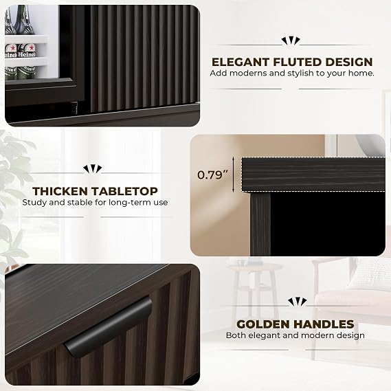 Mini Fridge Cabinet (Fridge Included), Fluted Coffee Bar Cabinet with Refrigerator, Drawers & Storage Rack, Modern Sideboard Buffet Liquor Cabinet for Home Kitchen Dining Room, Black