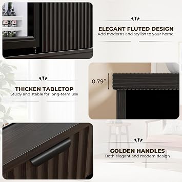 Mini Fridge Cabinet (Fridge Included), Fluted Coffee Bar Cabinet with Refrigerator, Drawers & Storage Rack, Modern Sideboard Buffet Liquor Cabinet for Home Kitchen Dining Room, Black