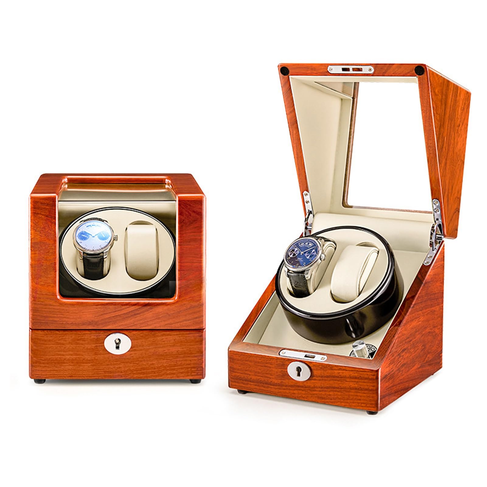 MYUYEE Automatic Double Watch Winder For 2 Watches 4 Tpd Modes Brazilian Pear Wooden Watches Storage Box Display Case With Quiet Motor For Men And Women Watches (B)