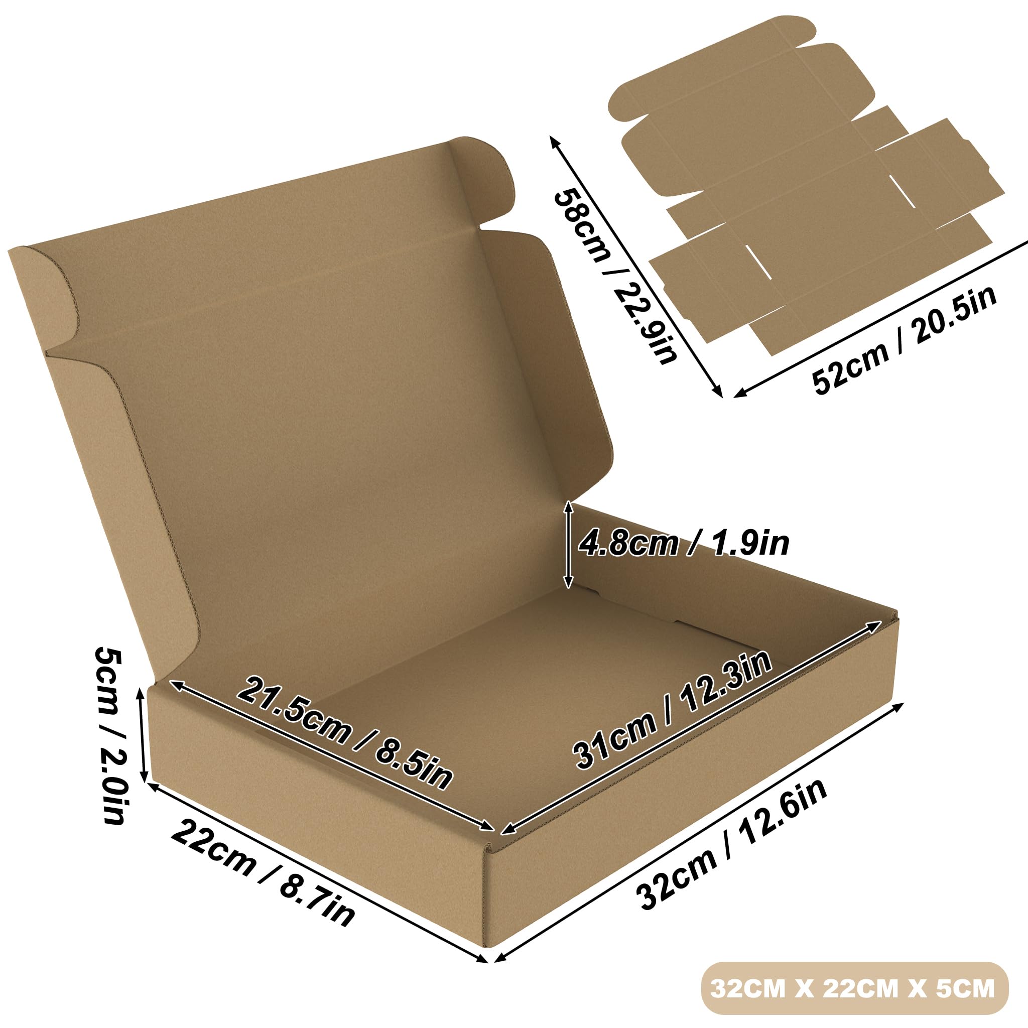ACXIN 200 cajas de cartón marrón 32 x 22 x 5 cm, cajas de envío plegables, cajas de regalo, embalaje ondulado, estable, plegable, para envío, comercio electrónico, mercancías pequeñas, almacenamiento