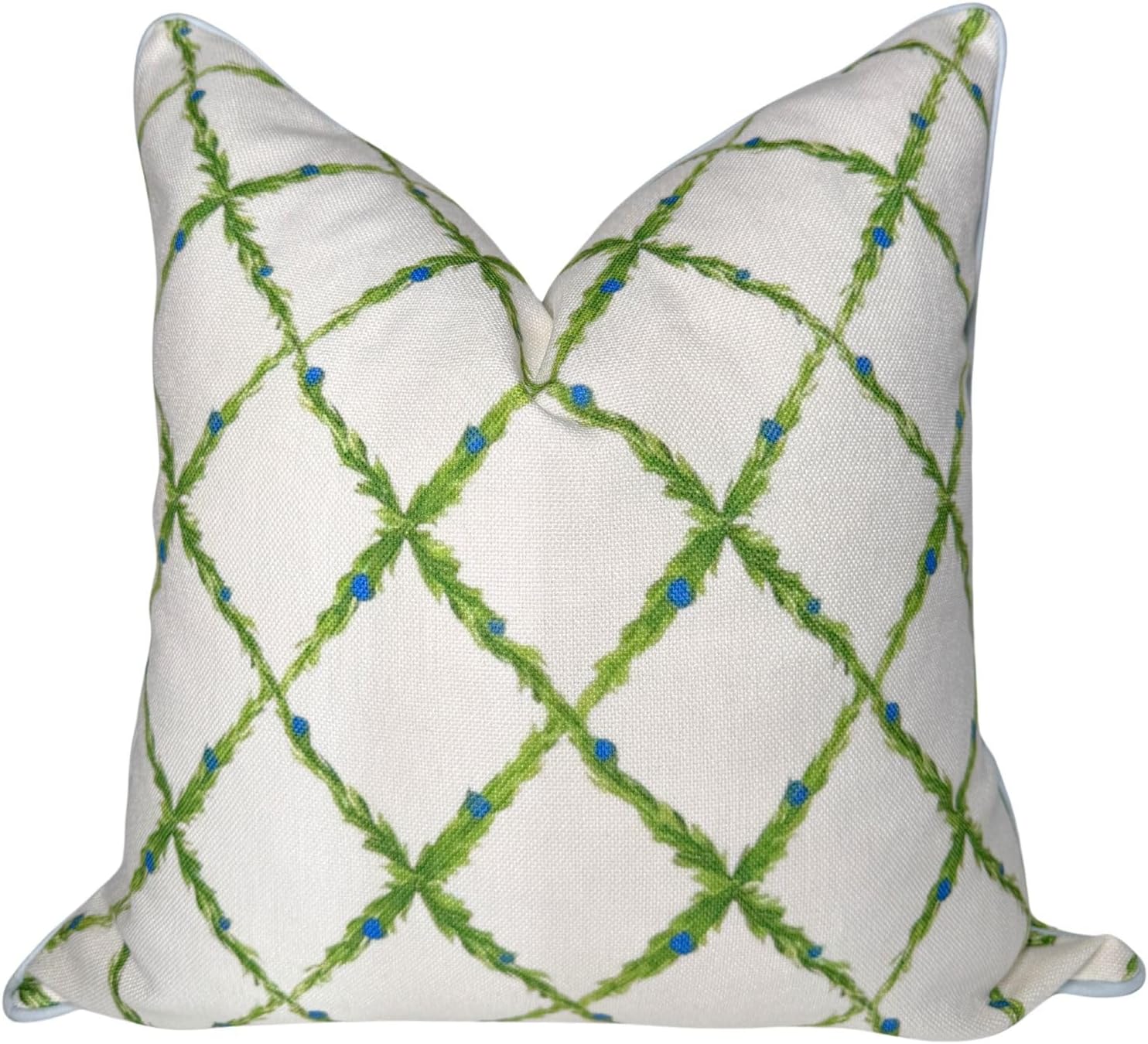 “The Lattice” Spring Decorative Festive Pillow Cover – Garden-Inspired White Accent Pillow Cover with Grey-Blue Pipping – Grandmillennial Home Decor, 20" x 20"