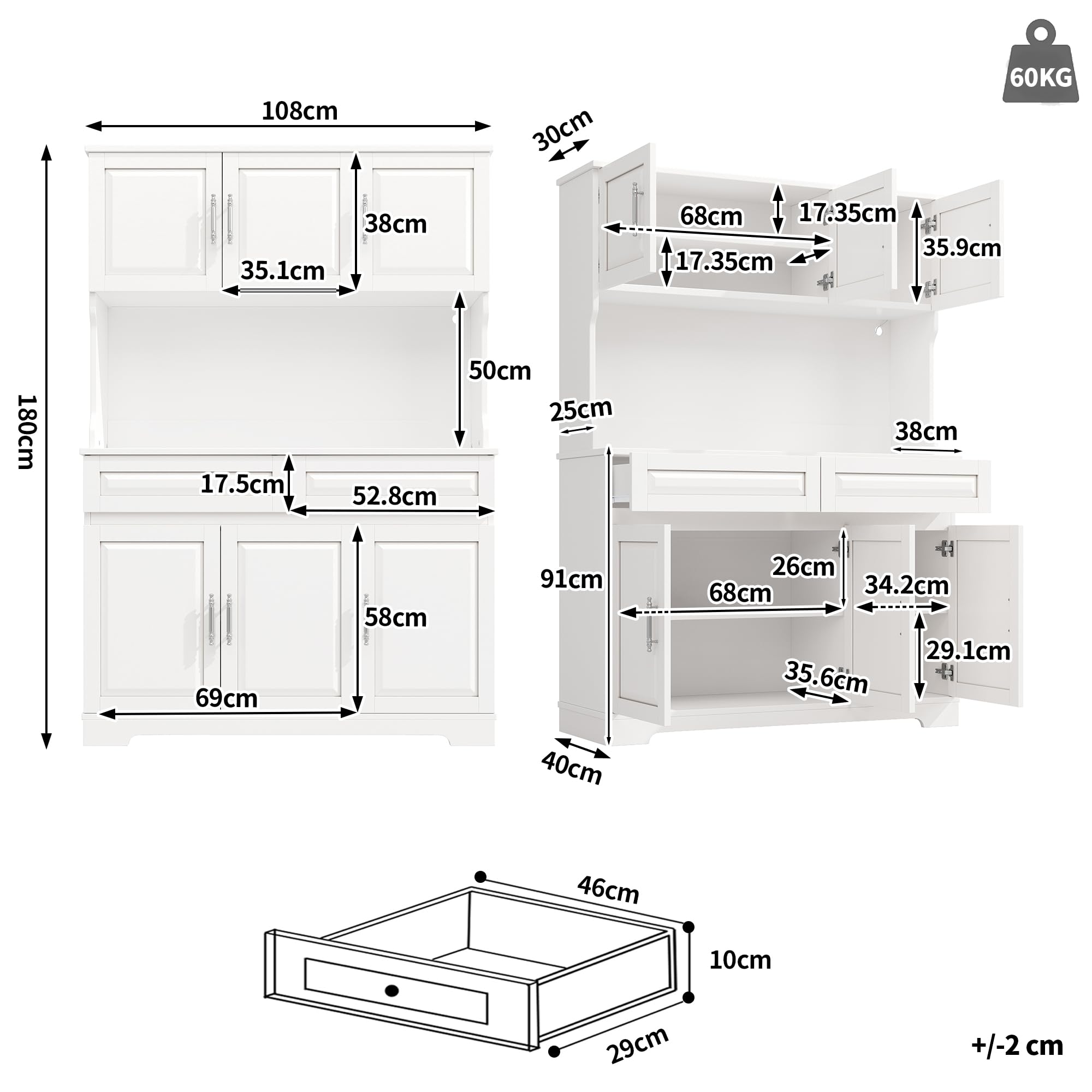 Kebnor Armadi da cucina (108 x 40 x 180 cm), mobile alto con controllo tramite app, ripiani regolabili con piano di lavoro, per cucina, sala da pranzo, credenze con illuminazione a LED (bianco)