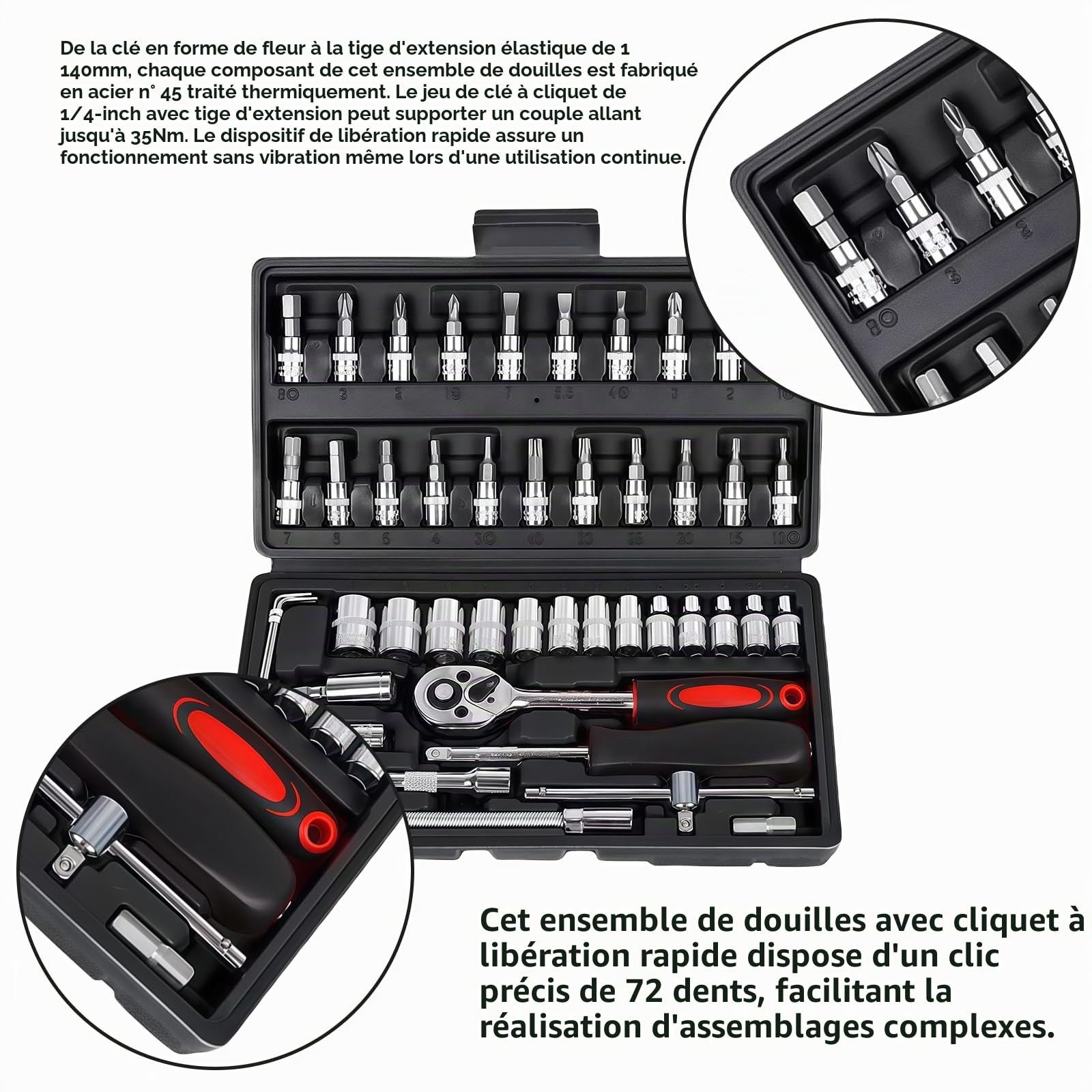 Coffret de clés à cliquet 46 pièces Petit : Cliquet à changement rapide à serrage rapide, clés à douille en acier Cr-V avec cliquet à changement rapide de 6,35 mm, jeu de douilles, pour