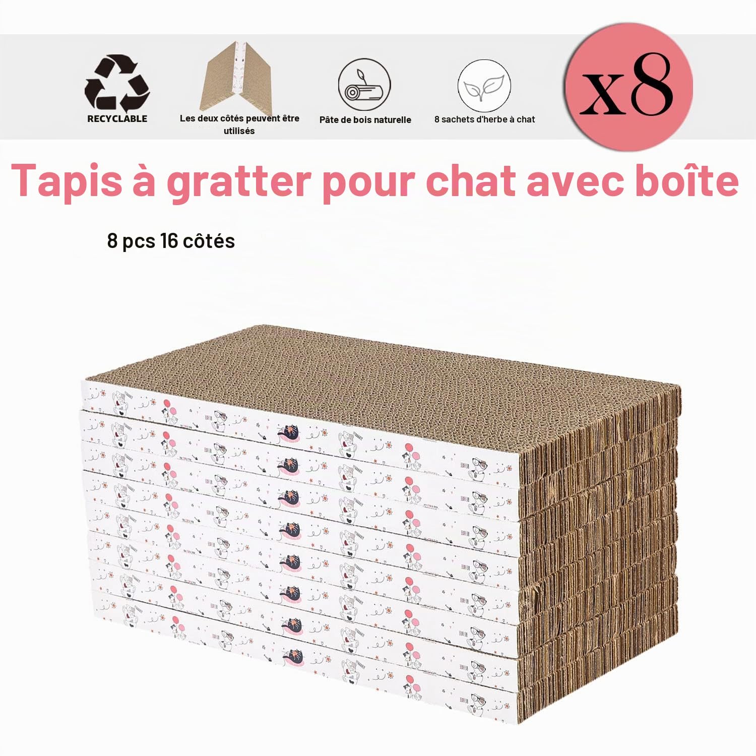8 en 1 Grattoir pour Chat, Grattoir en Carton, Réversible, Carton Durable et Recyclable, Grattoir Premium, Adapté pour Que Les Chats se Repose, Affûtent Leurs Griffes et Jouent
