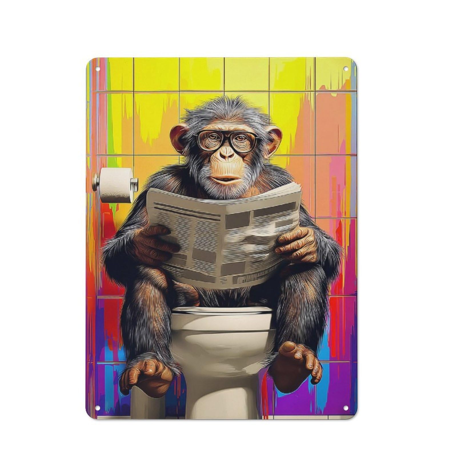 Junmoney Chimpanzee Reading Newspaper On Toilet Decorative Tin Plaque With Design 40X30cm, Classic Novelty Wall Art For Flat, Dorm Room, Lounge Or Cafe