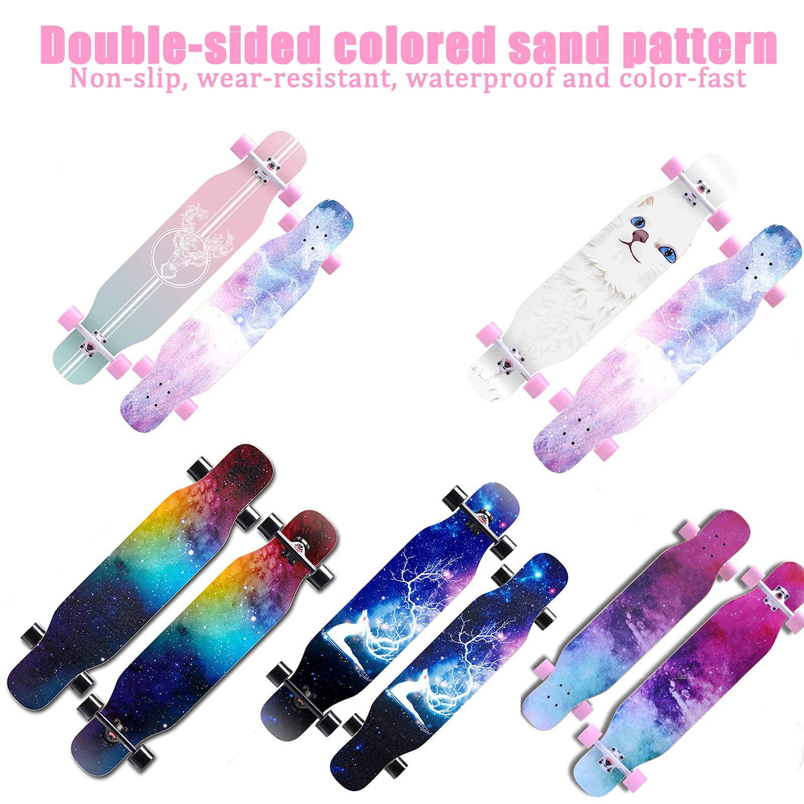 Skateboard Longboard 43" Cruiser Full Board avec Roues LED PU, Planche à Roulette Concave Double Kick en Érable à 7 Couches avec Équipement de Protection pour Enfants,Adolescents,Adultes