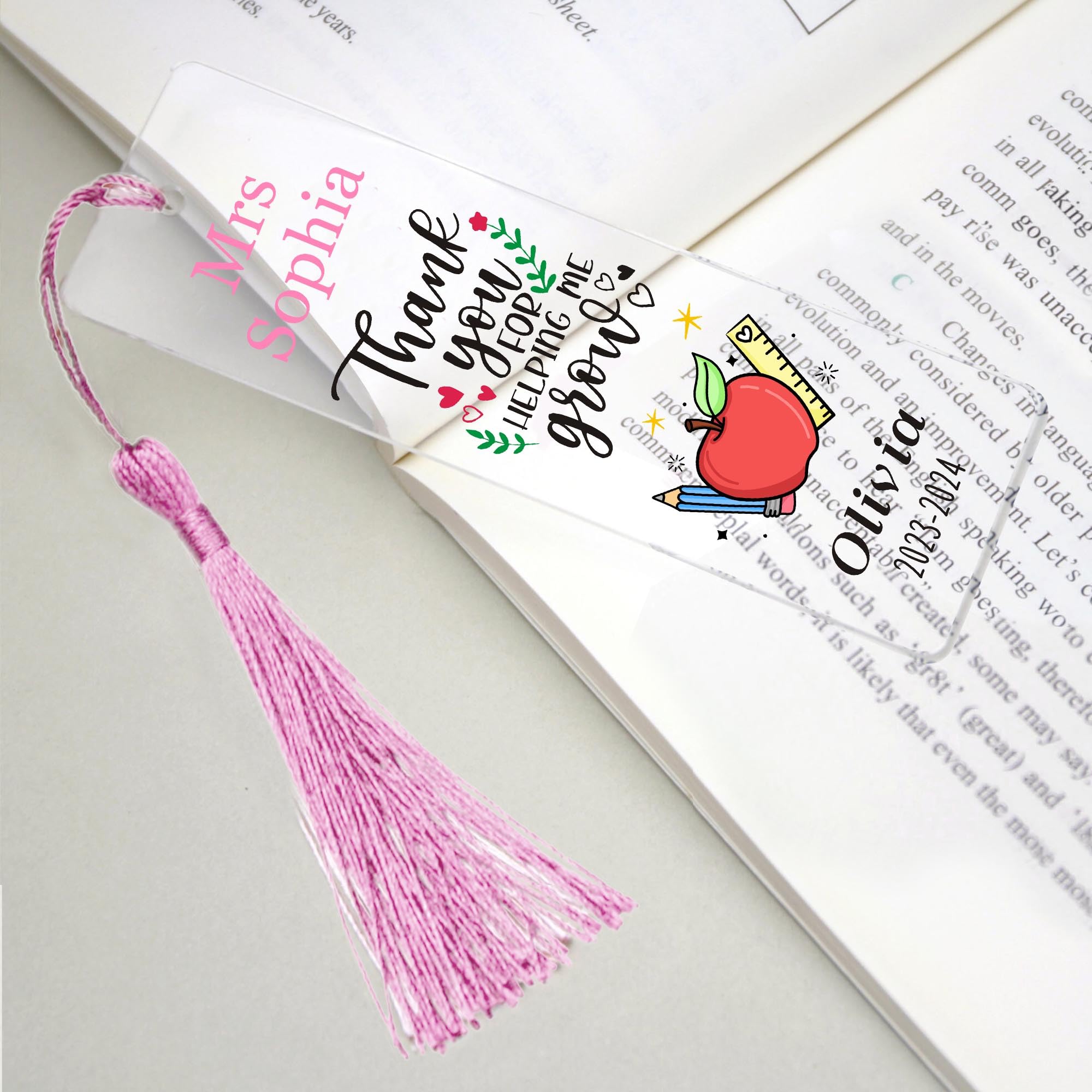 Personalised Teacher Gifts Custom Bookmark Thank You Gifts Acrylic Book Marks with Any Name & Date with Tassels & Twine String for Book Lovers Women Men Teacher Tutor(Design 2, Pink)