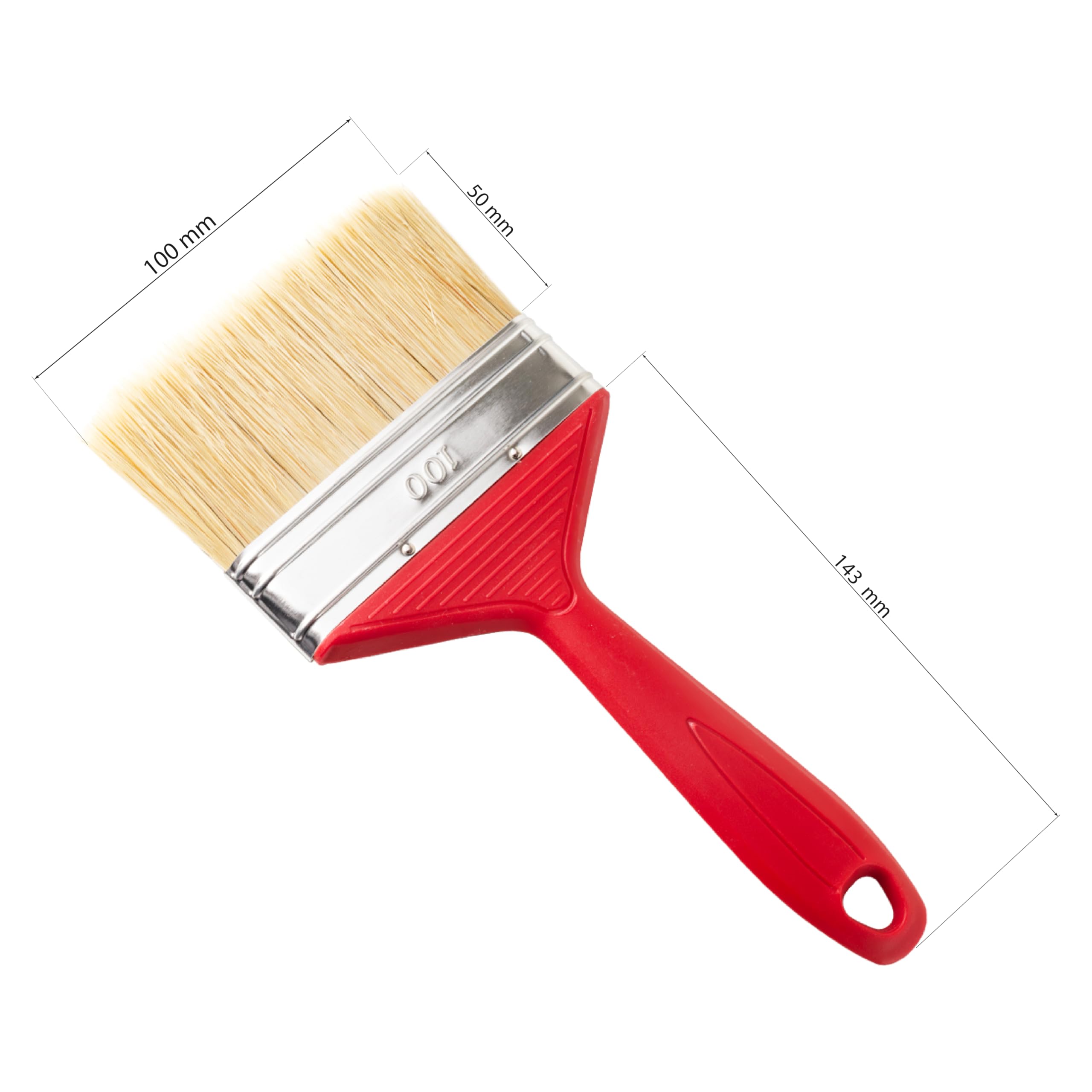 Pennello piatto | Pennello da pittura | con manico in plastica rossa | Larghezza: 20 30 40 50 60 70 80 100 mm (25 pezzi, 100 mm)