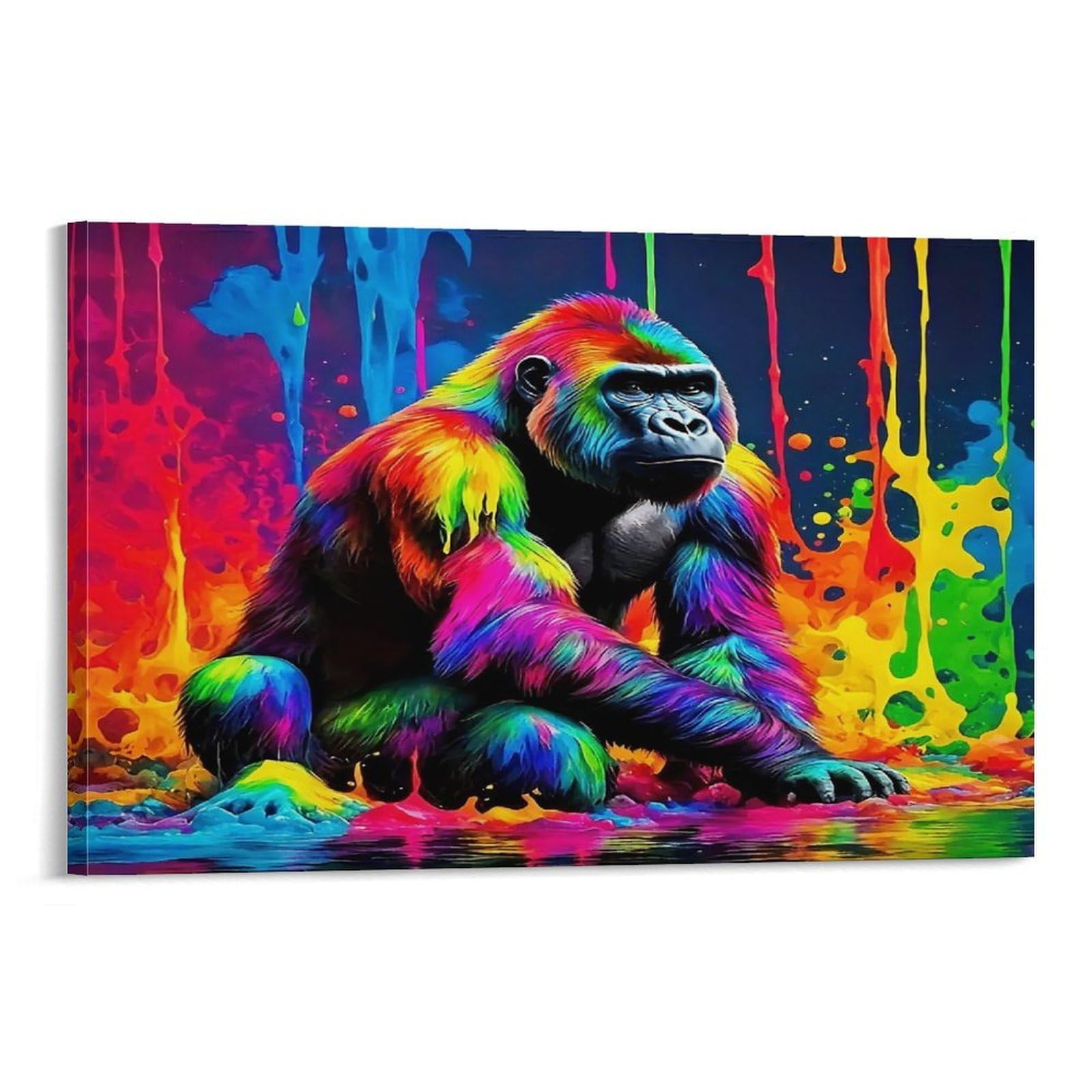 CPLVKWRQJ Silhouette of Gorilla And Cub at Sunset Single Rainbow Painted Gorilla with Dripping Paint Canvas Art - Gift for Him/Her Kitchen Canvas Wall Decor Removable Ready to Hang 08x12inch(20x30cm)