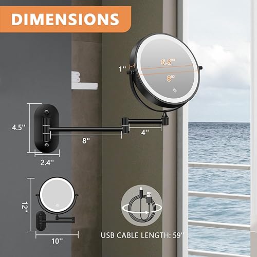 Miniatura 9 de Auxmir Espejo de maquillaje montado en la pared 1X30X con luz, espejo de aumento recargable de doble cara de 8 pulgadas, espejo de tocador regulable