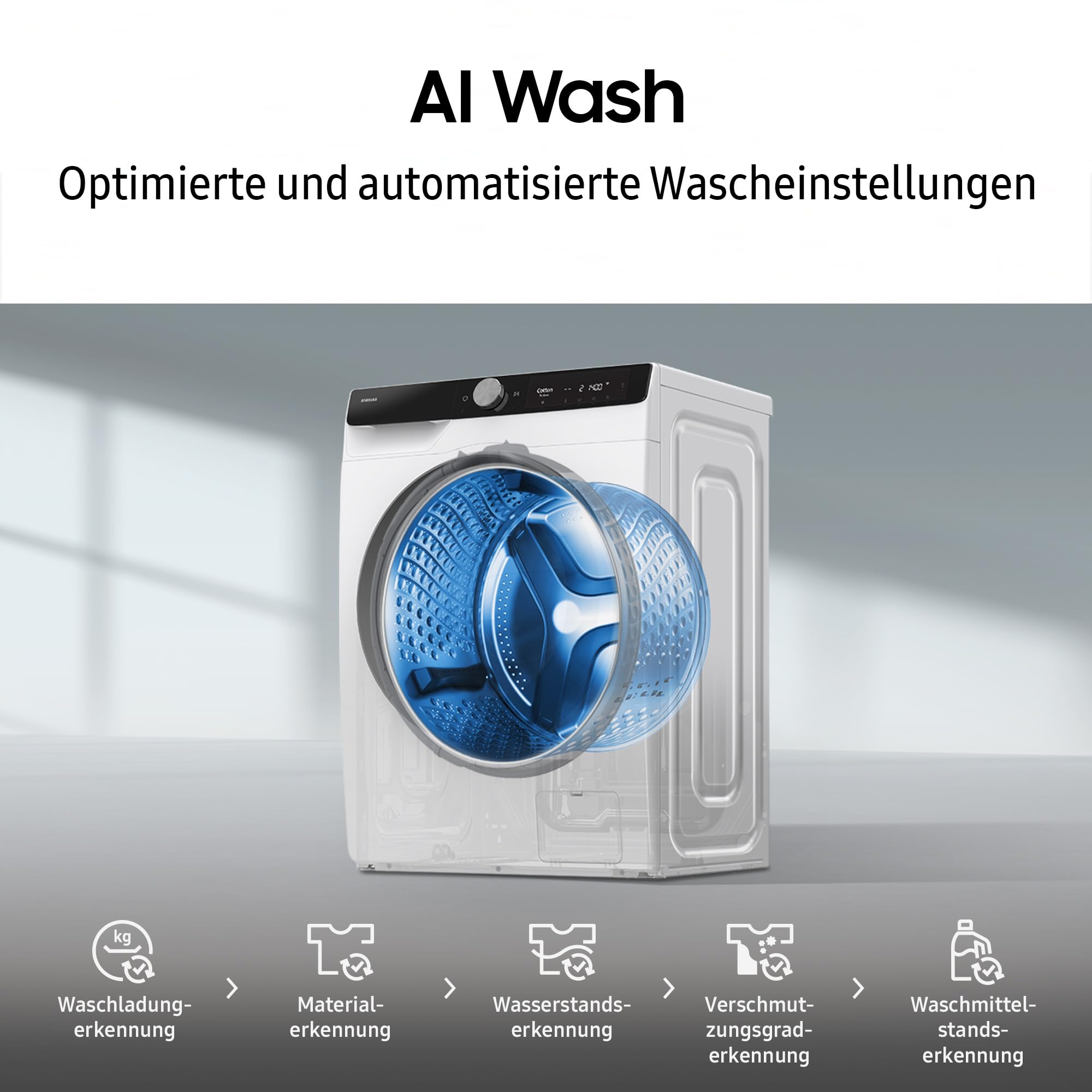 Samsung WW90DG5G34AEEG Waschmaschine WW5100D SLIM 9 kg 48 cm tief Dampfprogramm AI Energy Mode Ecobubble WiFi Mikroplastik-Programm AI Wash SuperSpeed 39 Min. Weiß