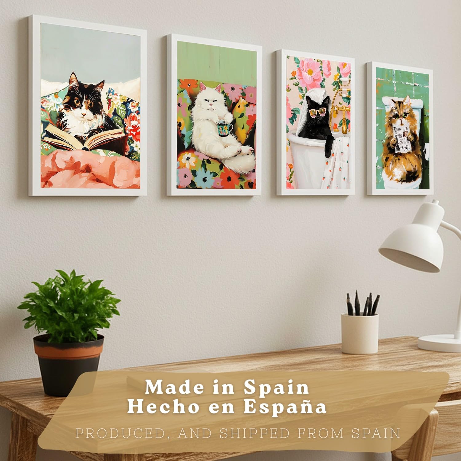 Nacnic Set De 4 Laminas Decorativas Gatos Divertidos Cuadros Salon Modernos - Posters Decorativos Animales Decoración Dormitorios Cocina Baño A3 Marco Blanco