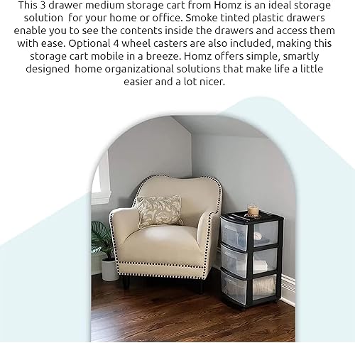 Miniatura 5 de Homz Contenedor de plástico con 3 cajones transparentes medianos para organización del hogar con 3 cajones grandes con ruedas extraíbles, marco