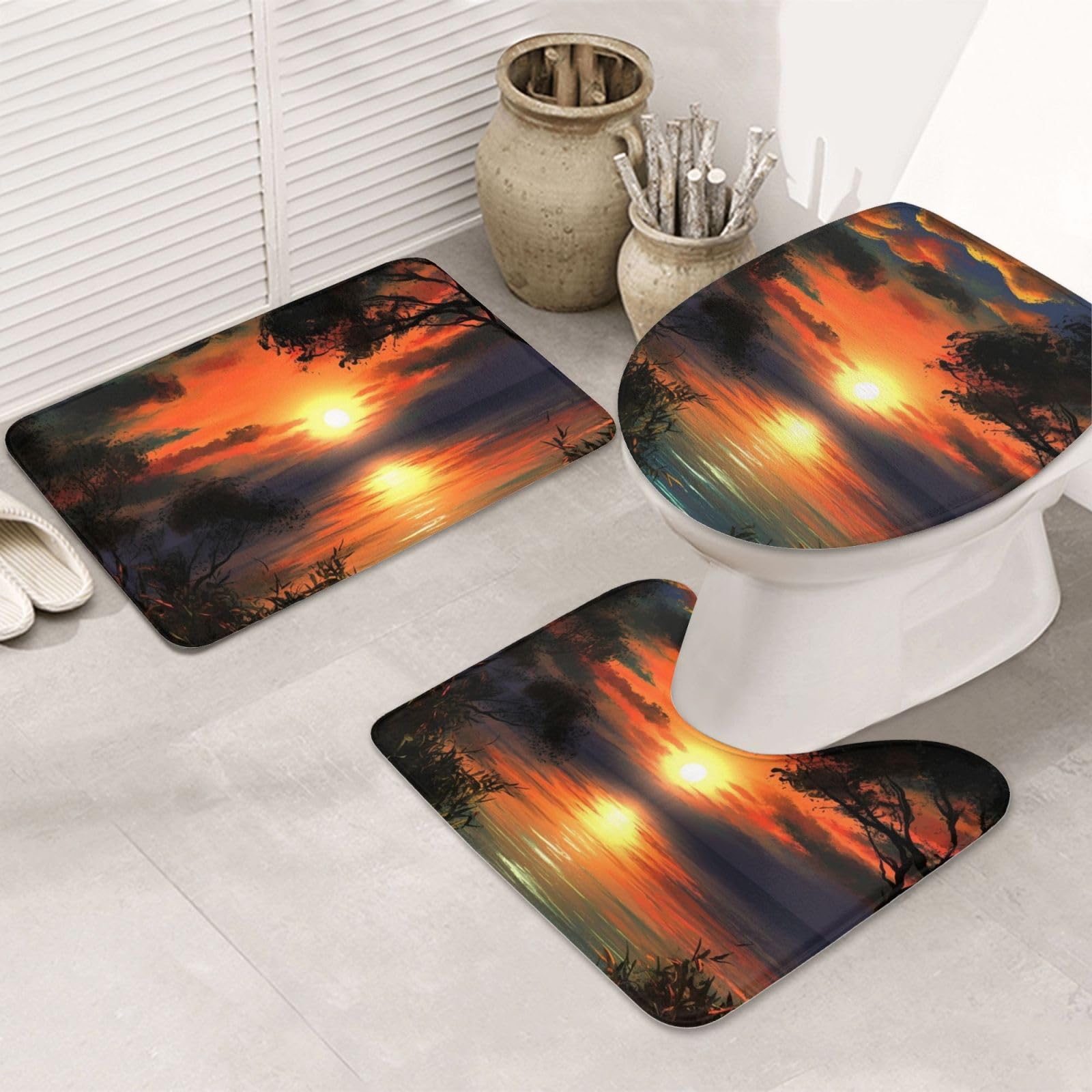 Set di 3 tappetini da bagno con disegno di tramonto in flanella morbida antiscivolo con coperchio per la decorazione della casa