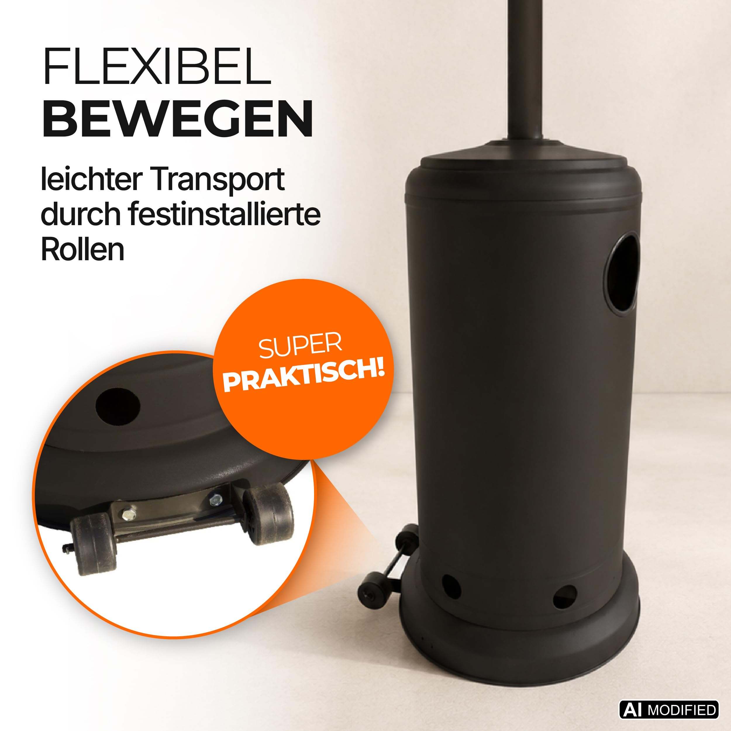 Lemodo Heizpilz 14 kW, Gasheizstrahler mit Piezo-Zündung, stufenlos regulierbar, mit Rädern und Umkippsicherung, für Terrasse, Garten, Sitzgruppen und Außenbereiche, geeignet für Gasflaschen bis 11 kg
