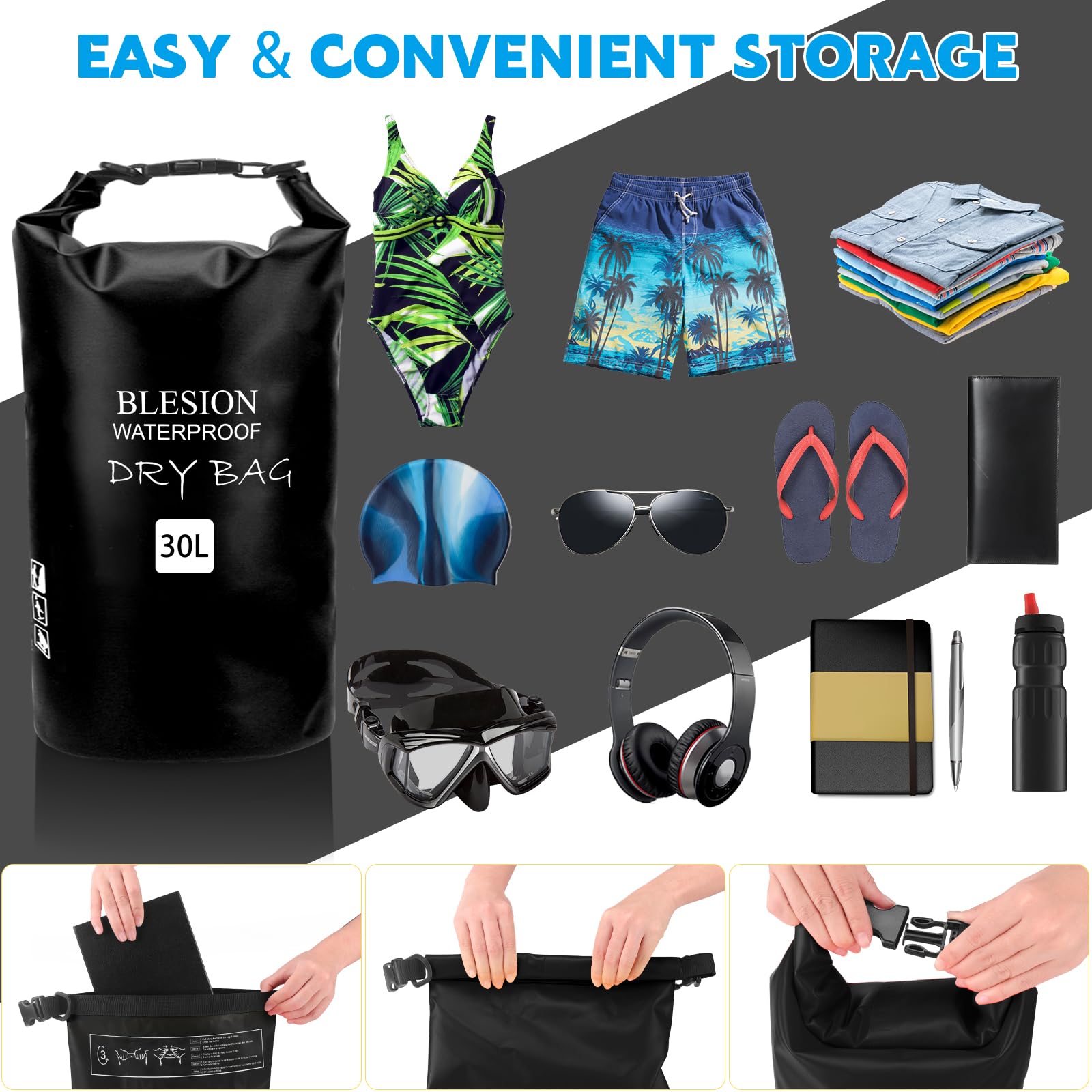 BLESION Borse Impermeabile, Sacca Impermeabile, Dry Bag 5L 10L 15L 20L 30L con Tracolla Regolabile per Spiaggia Sport d'Acqua Trekking Kayak Canoa Pesca Rafting Nuoto Campeggio