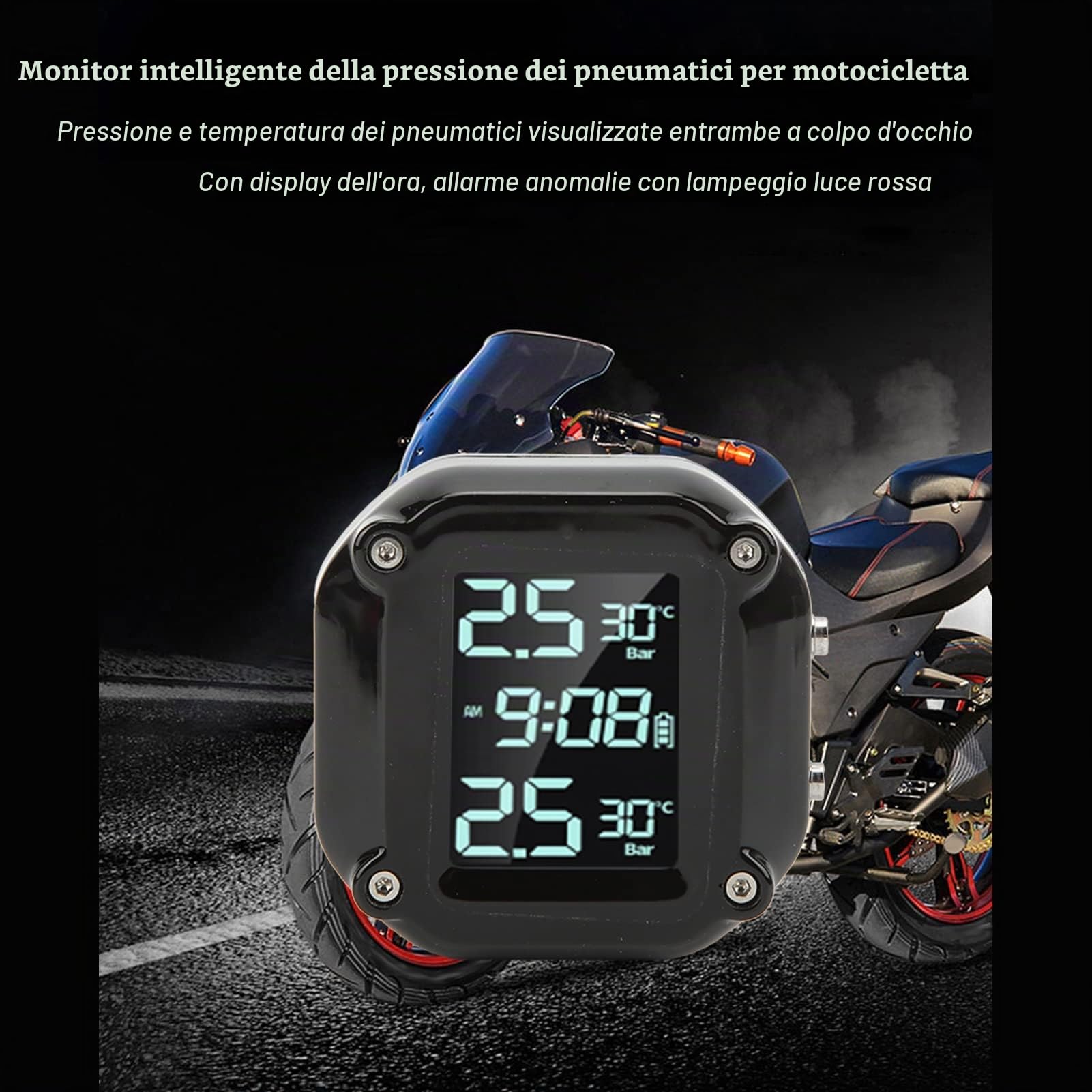 di Monitoraggio della Pressione dei Pneumatici di Monitoraggio della Pressione dei Pneumatici per Motociclette con 2 Sensori Schermo LCD di Ricarica USB IP67 TPMS