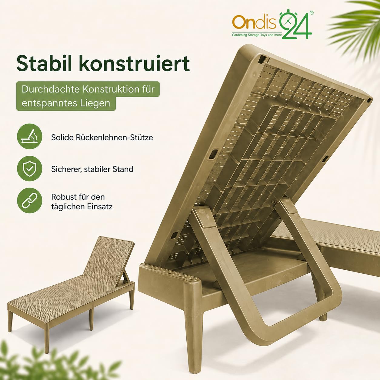 Ondis24 Gartenliege Milan Sonnenliege verstellbares Kopfteil, Relaxliege aus Kunststoff, Flache Rattan-Optik (ohne Kissen, Cappuccino)