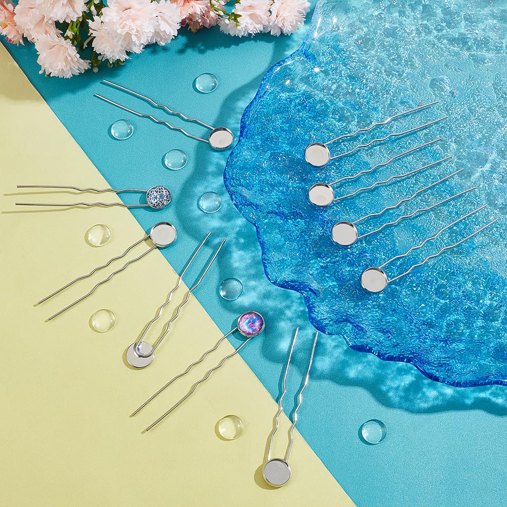 UNICRAFTALE 20 Sets U Shape Hairpins Platinum Round Bezel Tray Blank Hair Pins Brass DIY Cabochon Hair Pins Supplies with Glass Cabochons 12mm Tray Hair Clips 80mm Long Hair Fork for Jewelry Making image 2