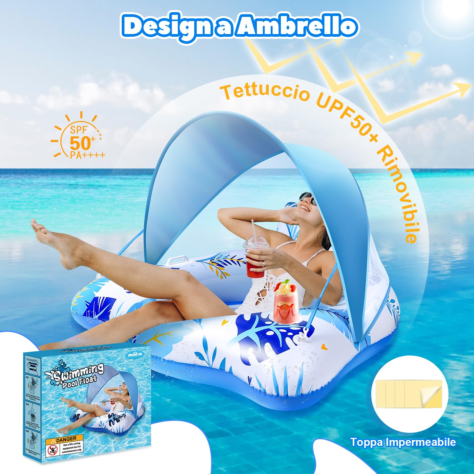 JONRRYIN Gonfiabile Piscina Adulti con Parasole Rimovibile, Galleggiante da Piscina, Sedia Galleggiante Piscina Adulti con Portabevande e Schienale e Bracciolo per Esterni, Spiagge, Piscine, Laghi