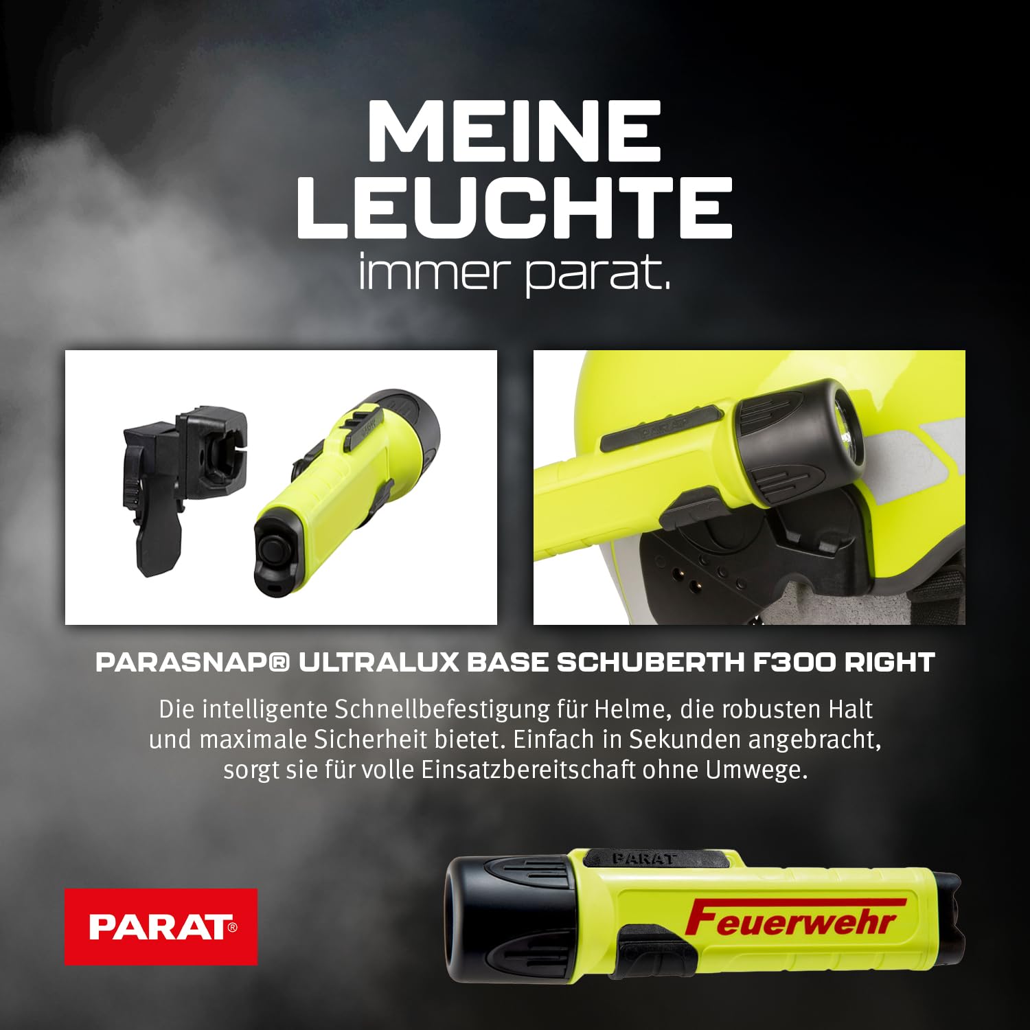 PARAT PARALUX® PX1 FEUERWEHR Set für Schuberth F300 Rechts | LED Arbeitsleuchte mit 120 Lumen | EX-geschützte LED Taschenlampe | Wasserdichte Helmlampe | inkl. Batterien, Adapter & Halterung