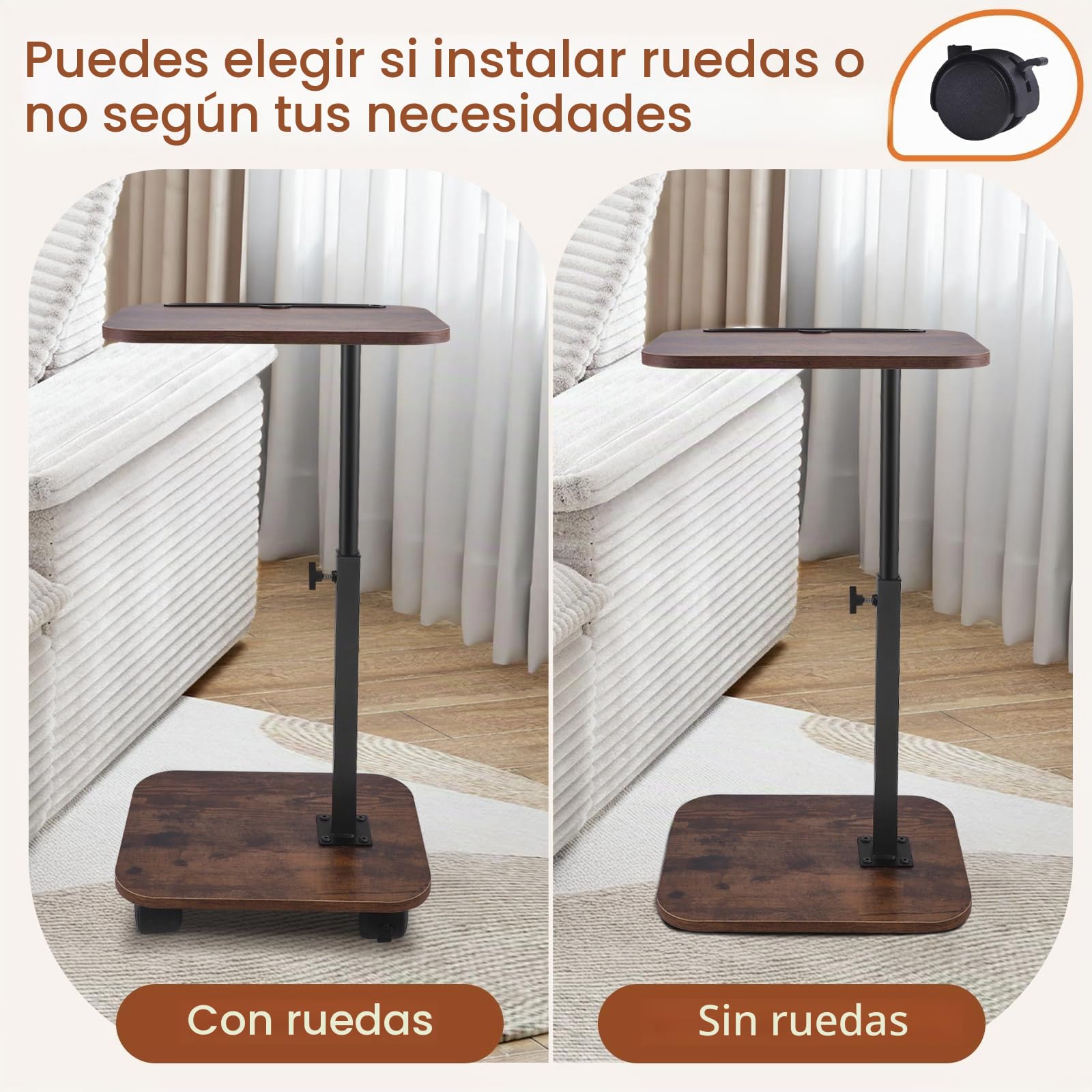 Mesa En C De Altura Ajustable con Plato Giratorio De 360° Y 4 Ruedas, Mesa Giratoria para Sofá, Cama Y Espacios Pequeños - Mesa Auxiliar Móvil con Frenos De Estacionamiento (Nogal)