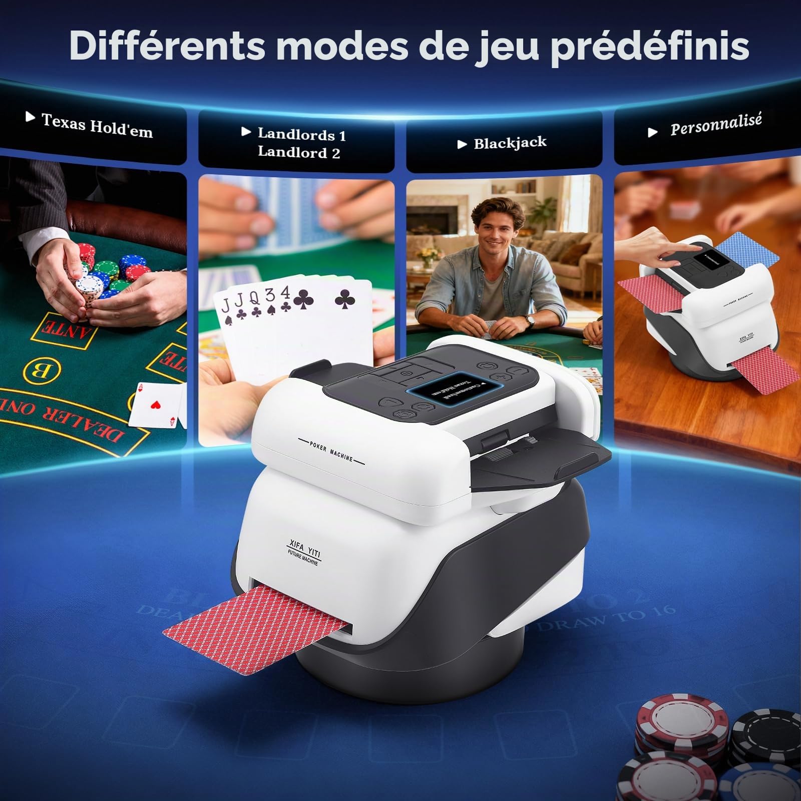 Mélangeur et Distributeur Automatique de Cartes Tout-en-Un, 5 Modes intelligents, dés intégrés, Rechargeable, Compatible avec Les Cartes de Poker, Blackjack et UNO pour 2 à 8 Joueurs