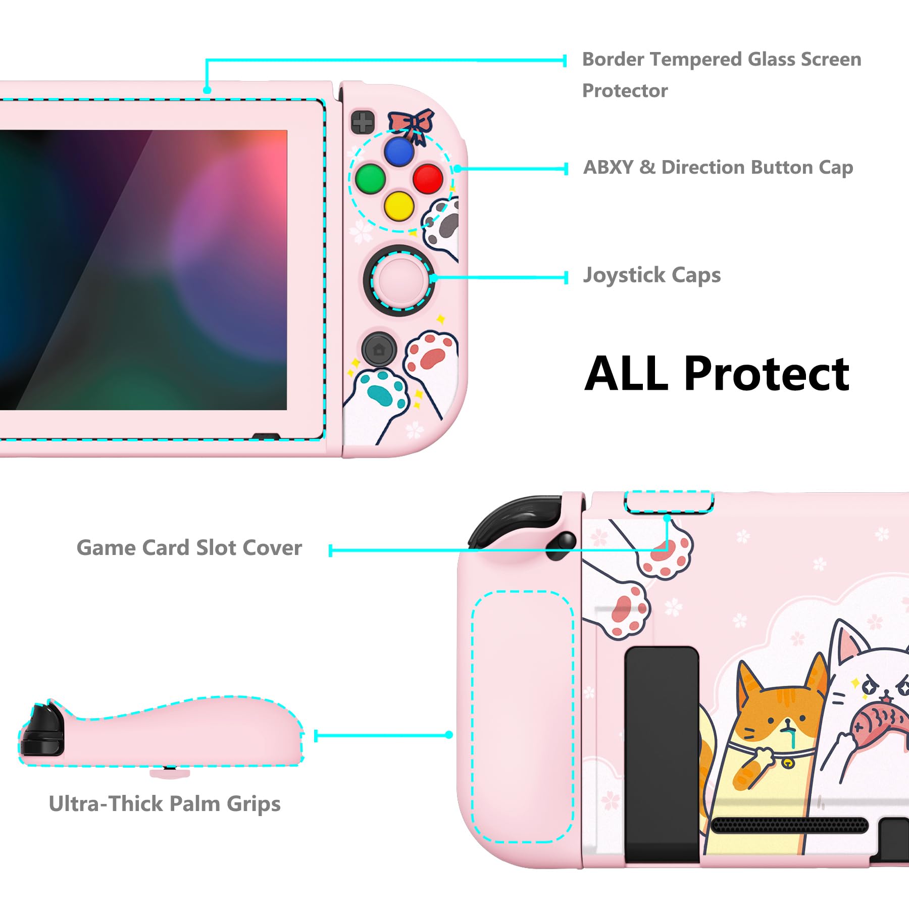 playvital ZealProtect - Custodia protettiva morbida per Nintendo Switch, protezione flessibile per Switch con pellicola protettiva in vetro temperato, impugnature per pollice e tappi per pulsanti ABXY