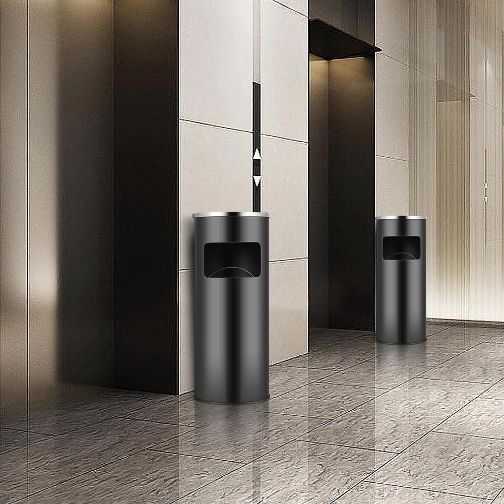 OHMG Contenitore per rifiuti da giardino, 30 L, posacenere rimovibile in acciaio inox, cestino rotondo con bidone e secchio interno, per interni ed esterni, commerciale (25 x 25 x 60 cm (nero))