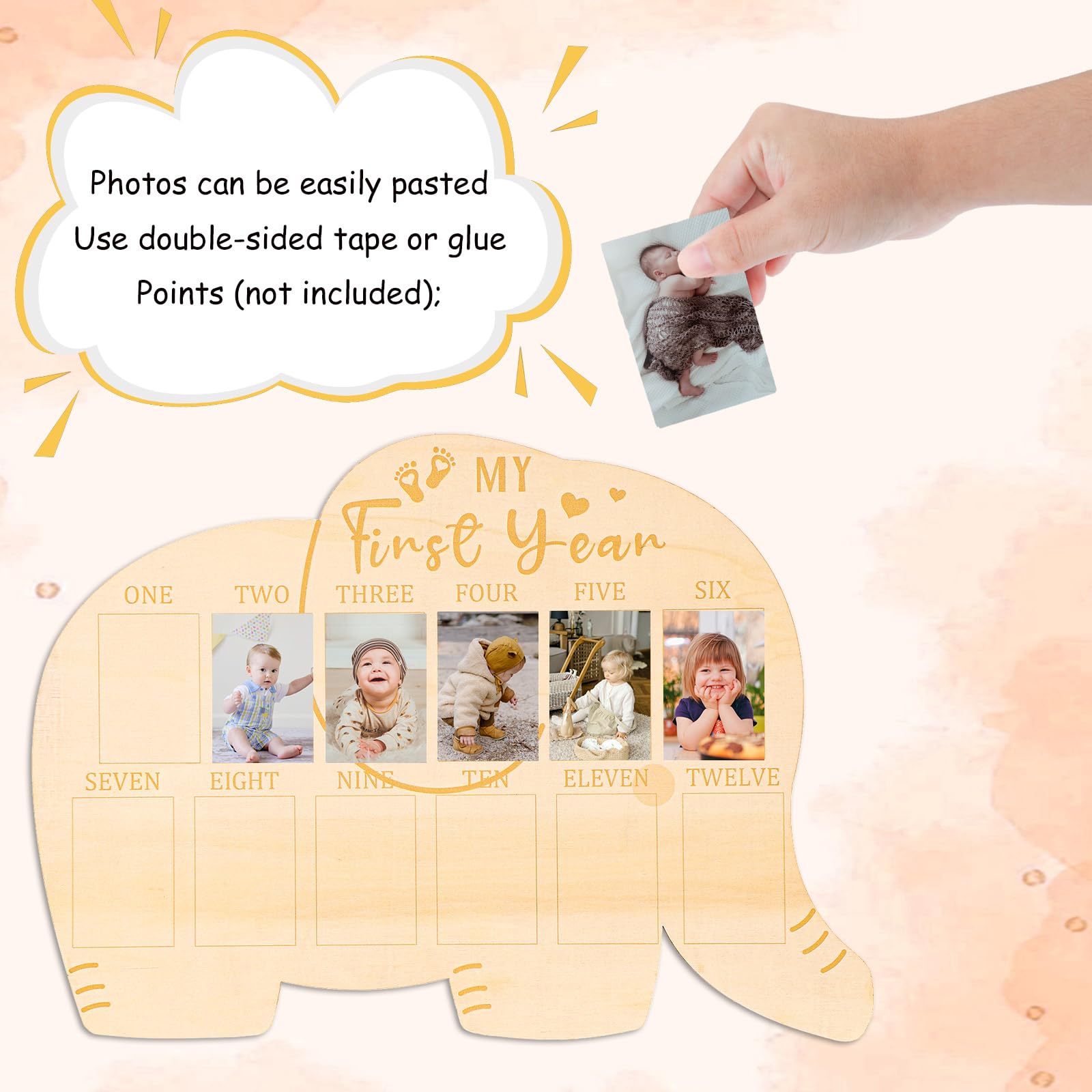 PEUTIER Cornice per Foto del Mio Primo Anno, In Legno Cornice per 12 Mesi Espositore Per Foto A Forma Di Elefante My First Year Photo Frame Regalo Per Ragazzi Ragazze Neonato Ricordi Della Mamma