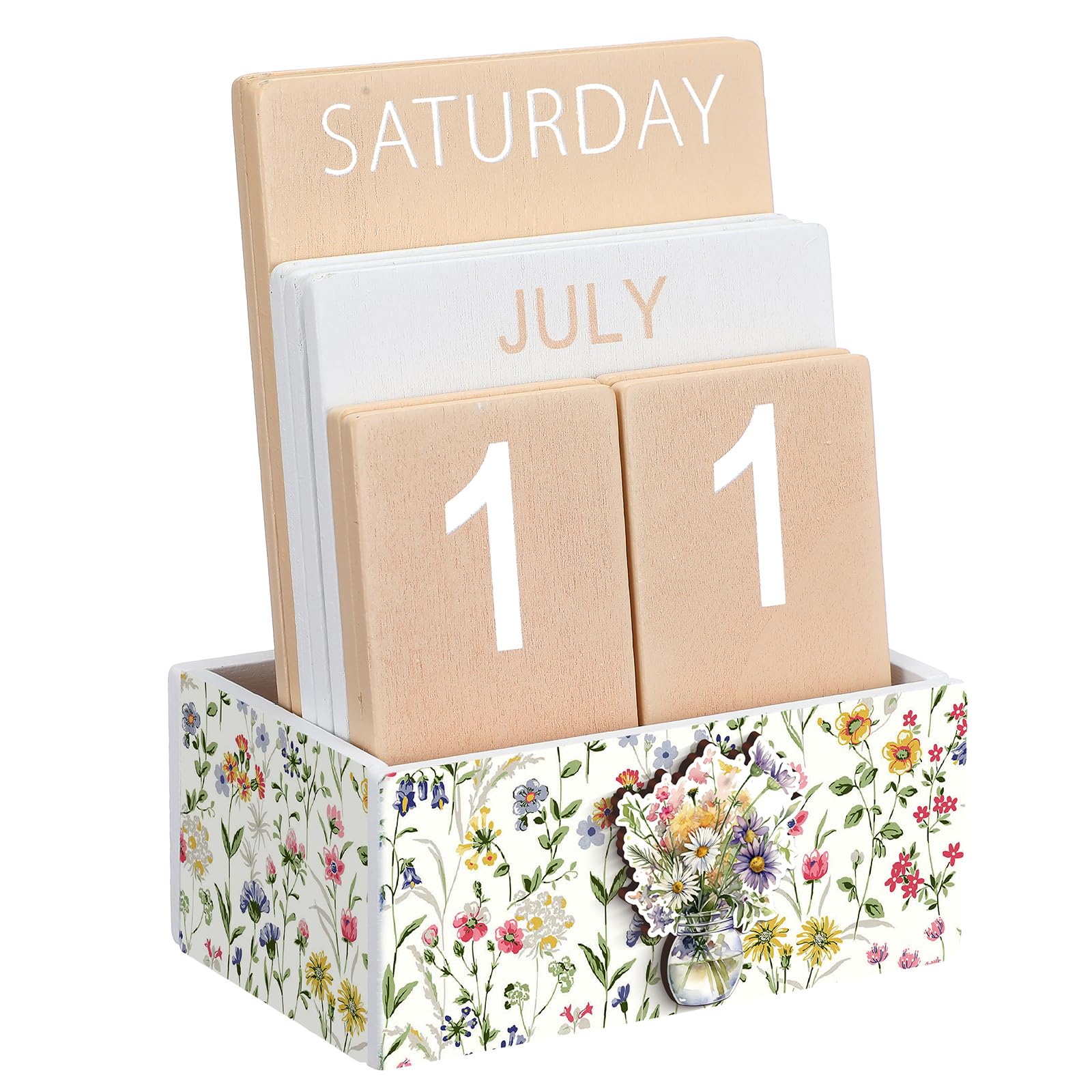 AceOrbit Wildflower Wood Block Perpetual Calendar Coquettish Farmhouse Desk Decor Cute Watercolor Wildflower Month Week Date Display Decorative Block Calendar Office Home Desk Gift for Women