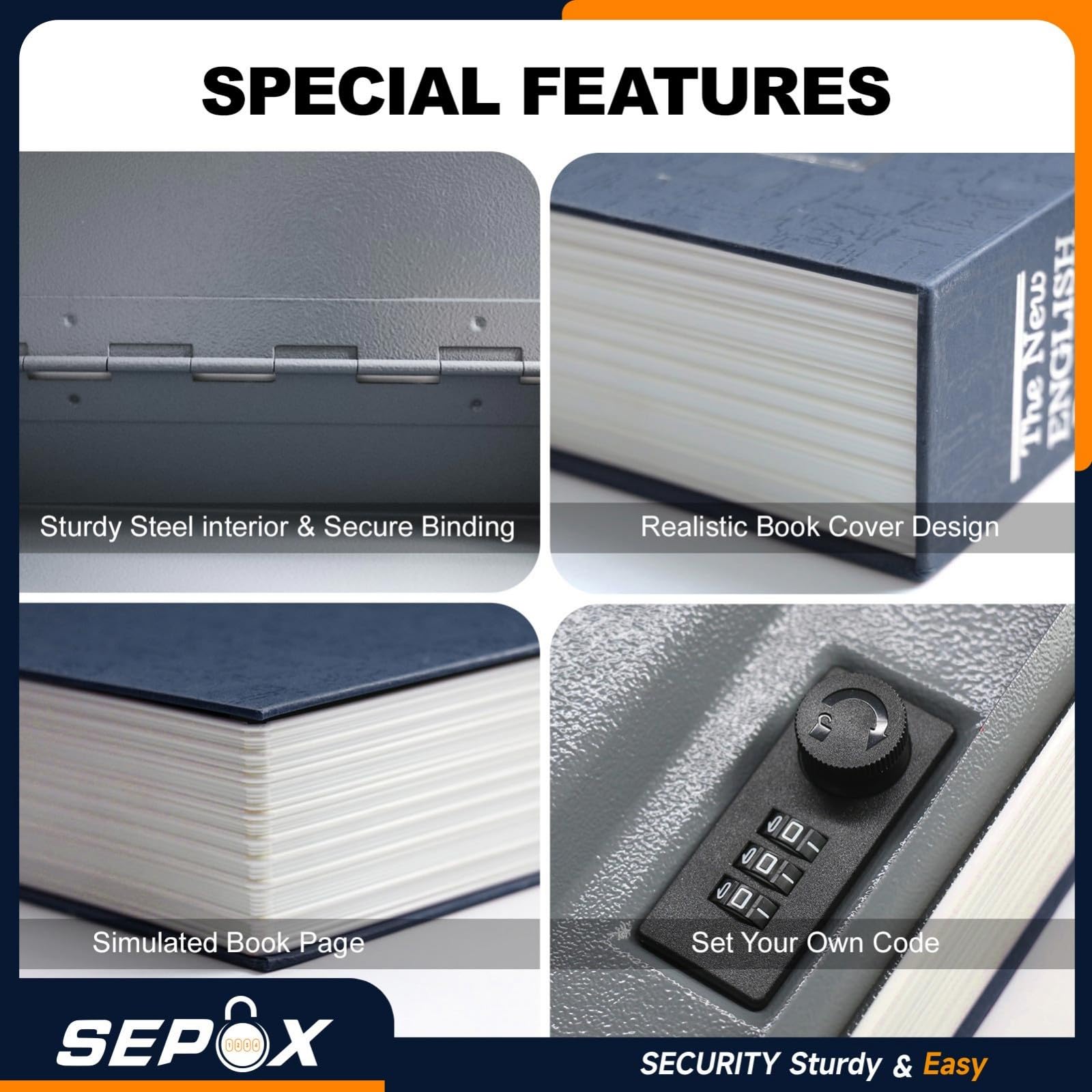 SEPOX Cassaforte portatile a forma di libro con chiave, 14 cm di profondità x 22 cm di larghezza x 4,1 cm di altezza, cassaforte nascosta, perfetta per viaggiare, conservare denaro, gioielli, telefono