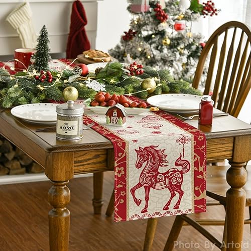 Miniatura 2 de Artoid Mode Camino de mesa de Año Nuevo Lunar, estilo de corte de papel, caballo del zodiaco chino, feliz 2026, decoración de mesa de comedor de