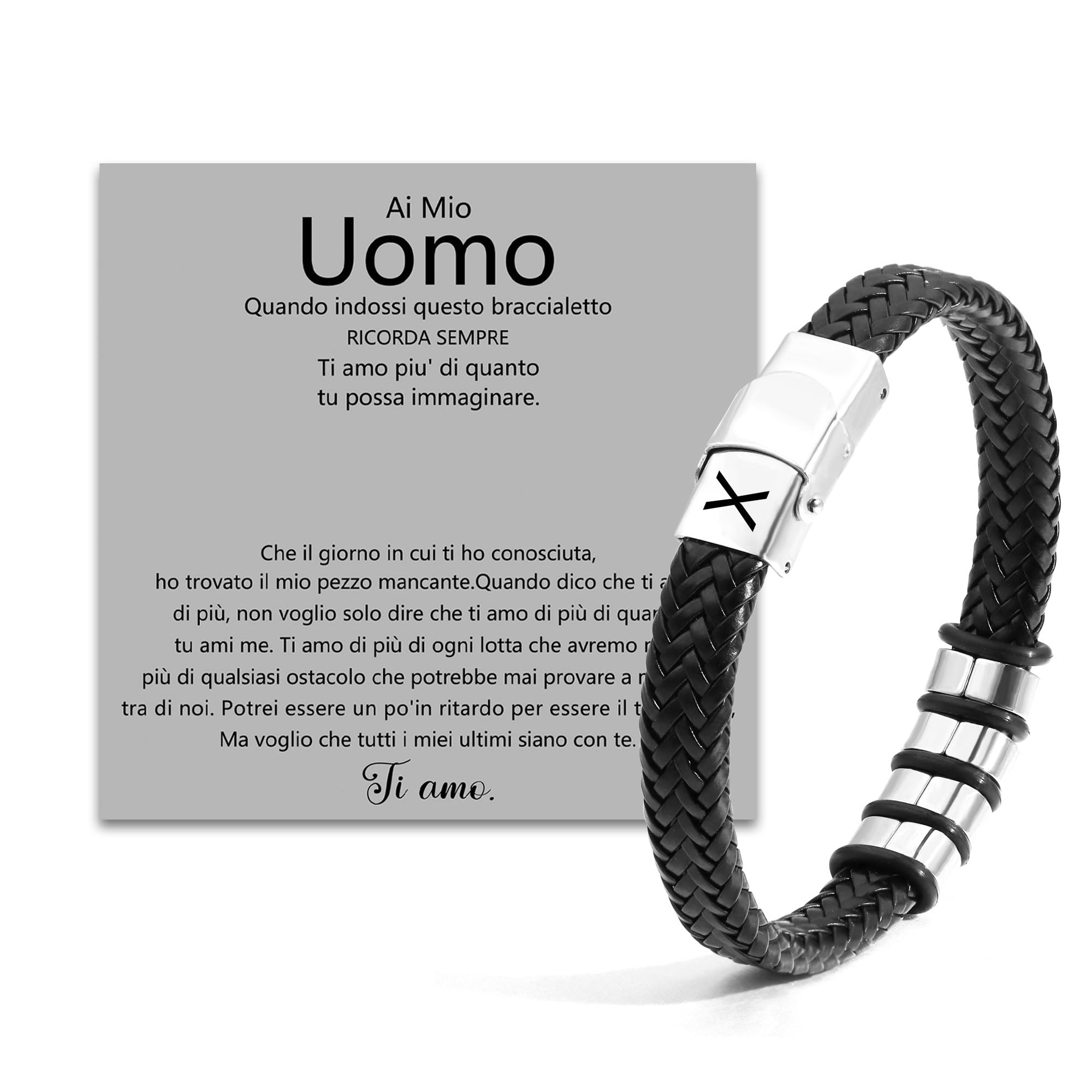 SAMINO Cuoio Nero 26 Bracciale Iniziale Per Il Mio Uomo Acciaio Inossidabile A-Z Lettera Charm Bracciale Intrecciato Per I Regali A Lui