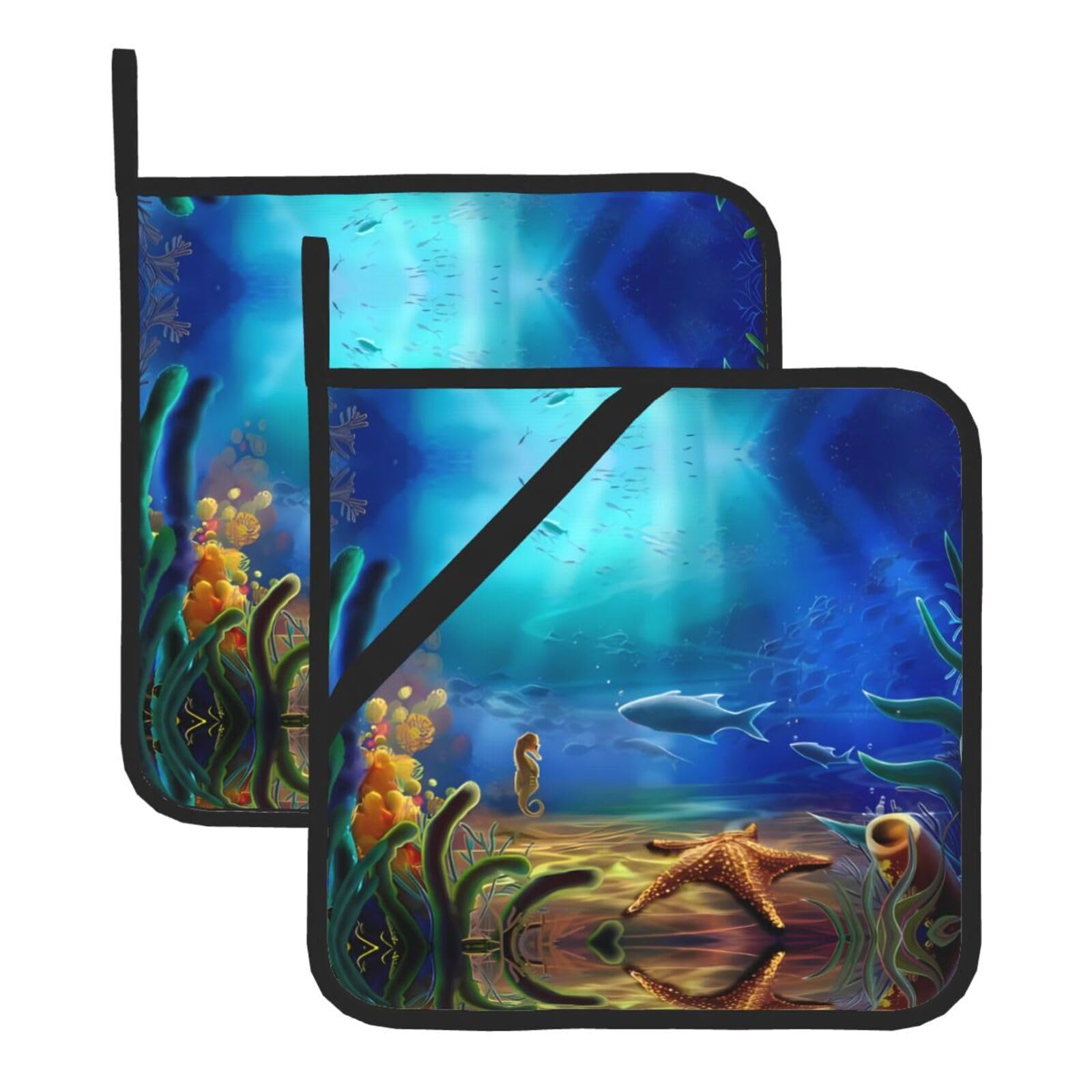 WHJDPP Ocean Seahorse Prints Square Hot Pads for Kitchen - Waterproof Pot Holders Set of 2, Durable Trivets with Pocket & Hanging Loop for Hot Dishes & Oven Use