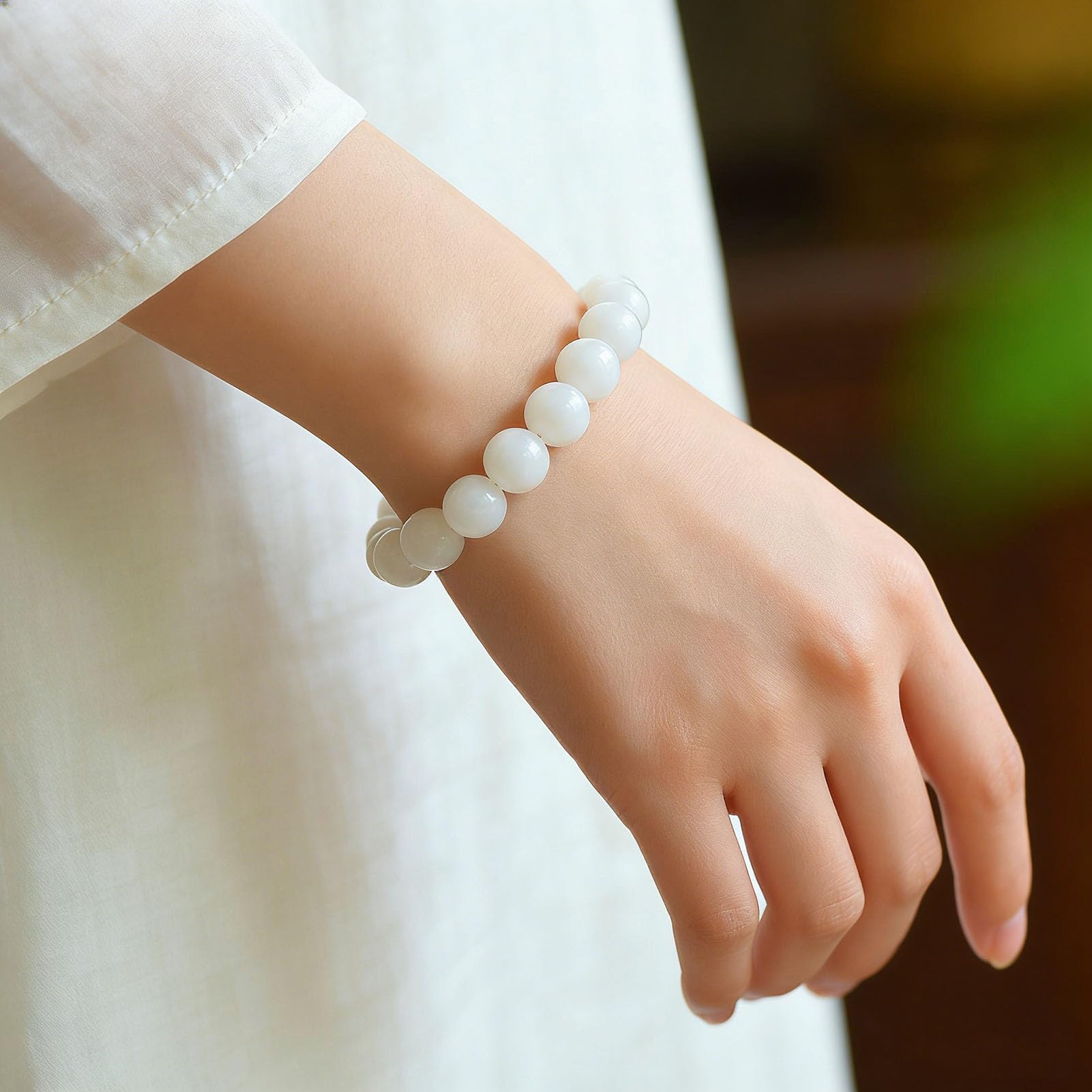Fengshui Ricchezza Prosperità Bracciale in Vera Giada Bianca Braccialetti Elastici Elasticizzati Fatti a Mano con Pietre preziose Naturali Guarigione Perline di Pietra Rotonde,8MM