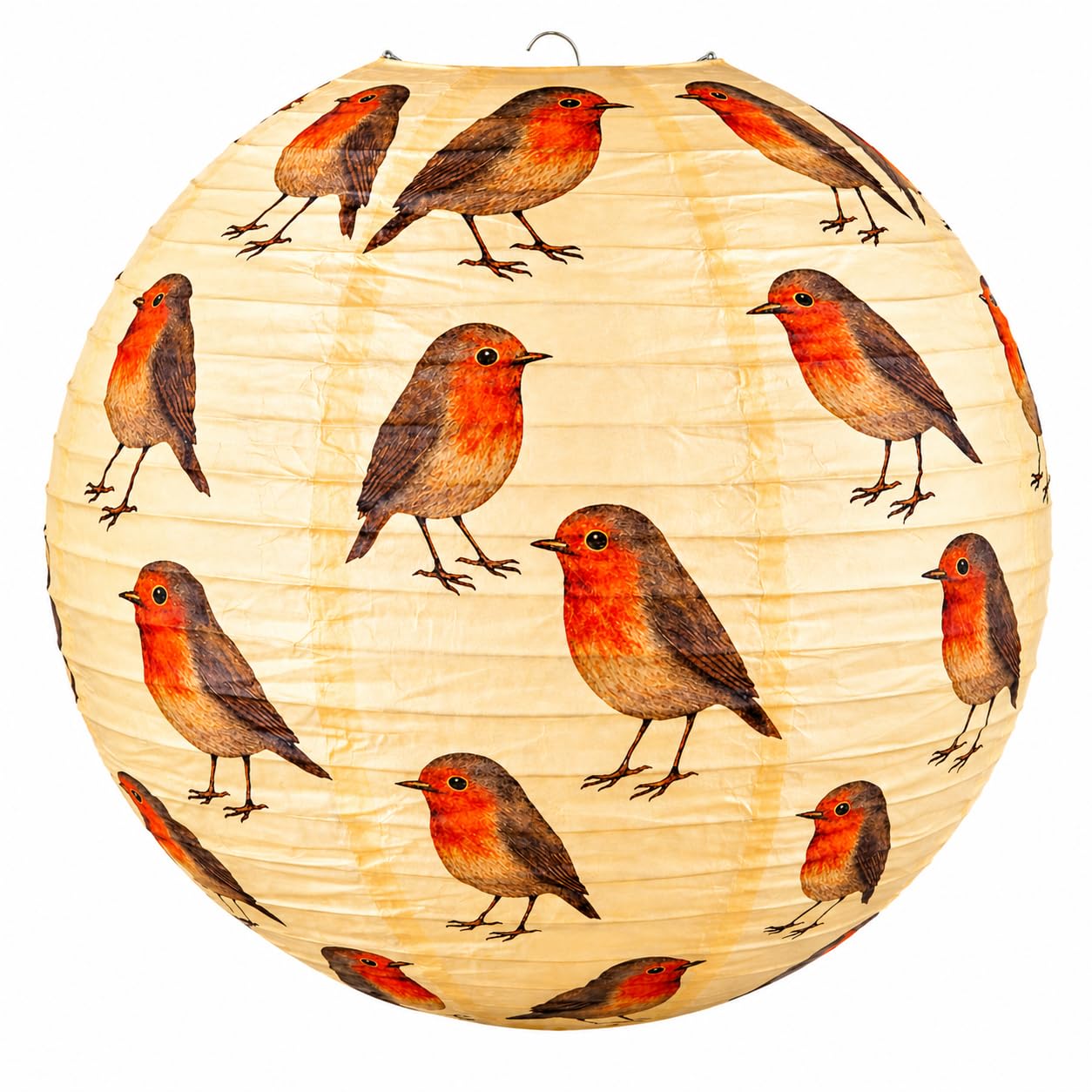 Paper Lampshade – 40cm / 16" Round Hanging Pendant Light Shade for Ceiling, Robin Bird Pattern, Paper Light Shades Ceiling, Cream Cotton Paper Lantern, Sturdy Frame, Soft Ambient Lighting